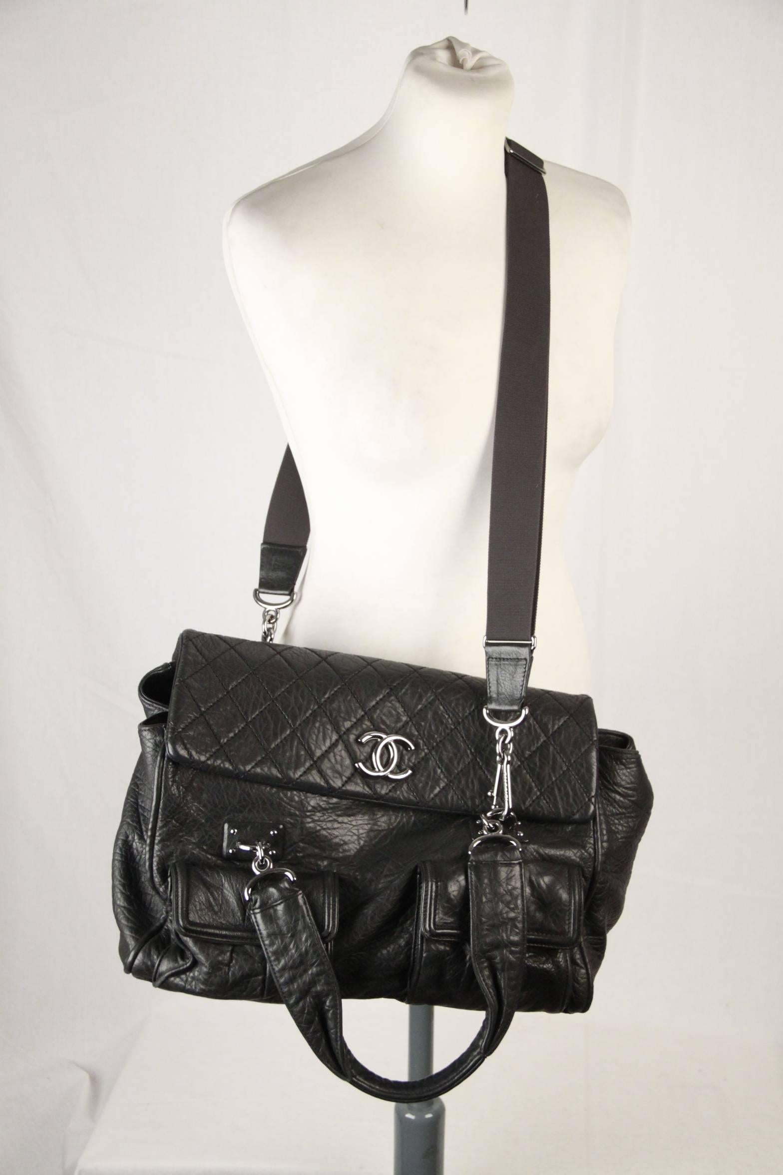 CHANEL Black Distressed Leather TOTE Satchel w/ QUILTED Flap In Excellent Condition In Rome, Rome