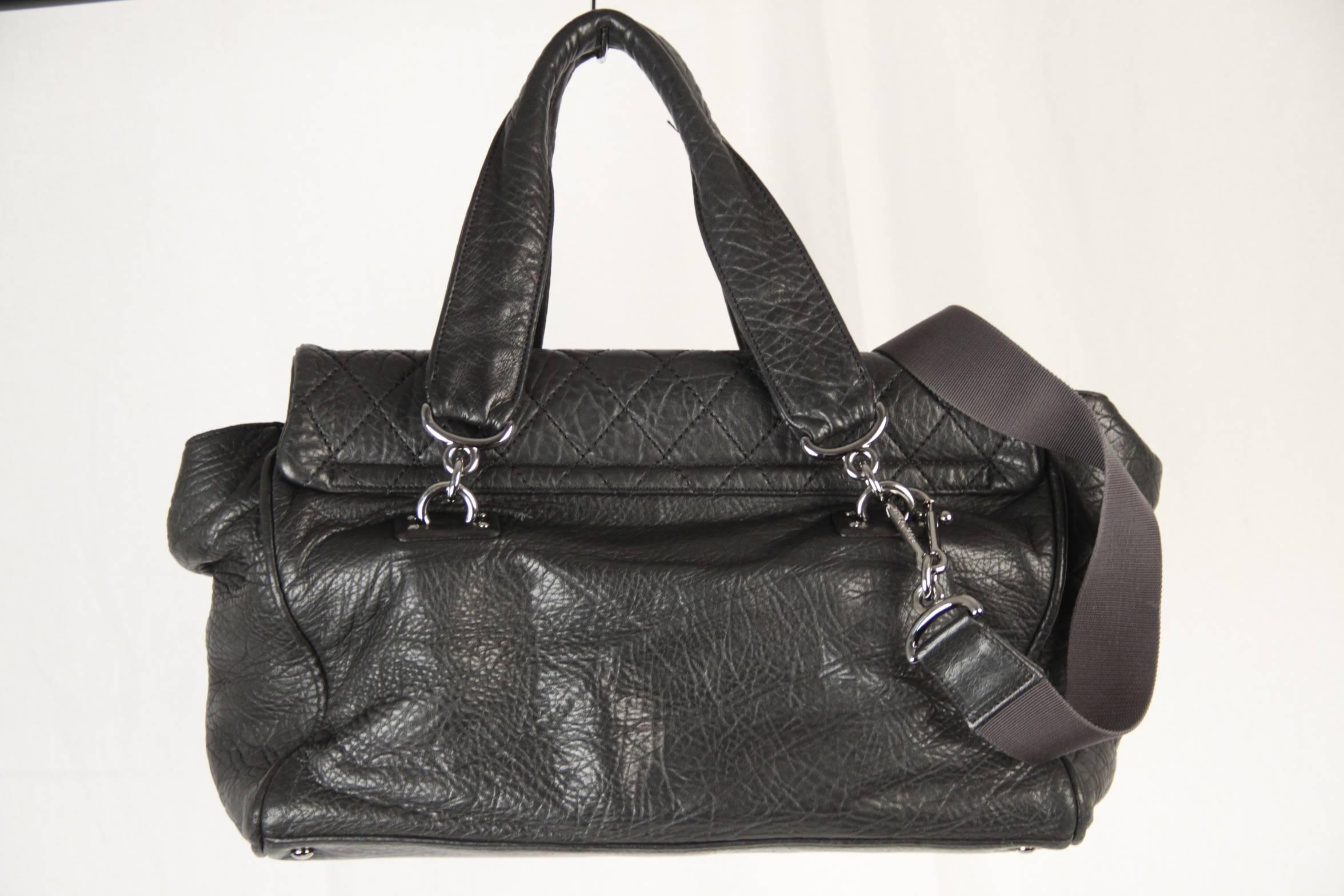 Women's CHANEL Black Distressed Leather TOTE Satchel w/ QUILTED Flap