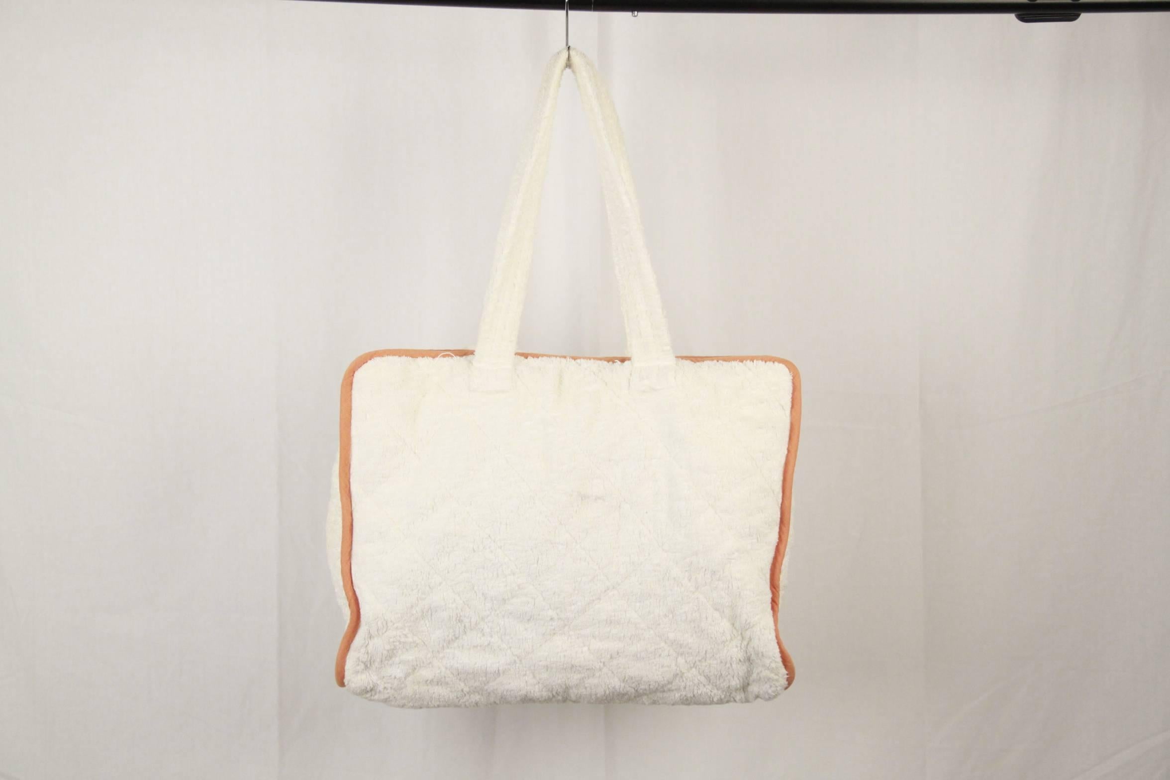 HERMES PARIS White Terry Cloth Cotton BEACH BAG w/ Embroidered Tiger 1