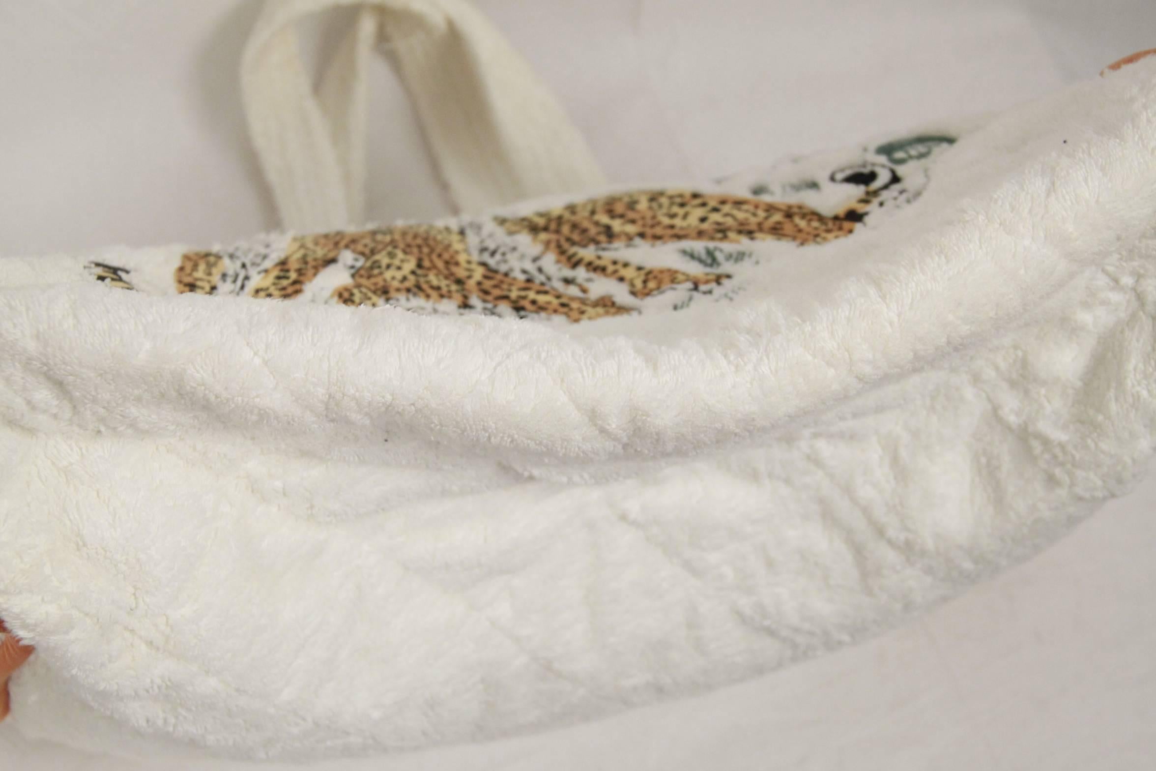 Women's HERMES PARIS White Terry Cloth Cotton BEACH BAG w/ Embroidered Tiger