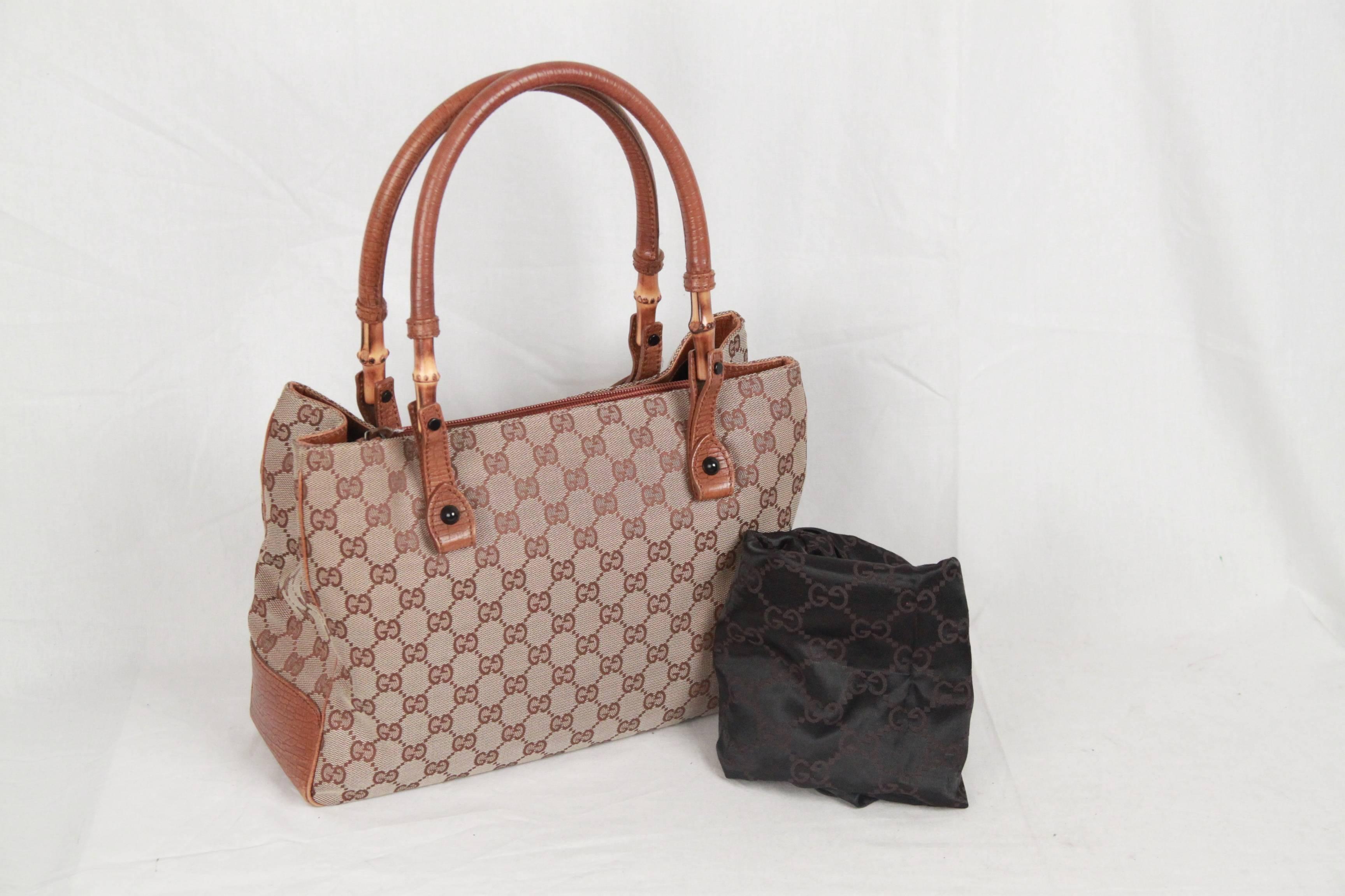 GUCCI Beige Monogram Canvas TOTE Bag w/ BAMBOO Detail 6