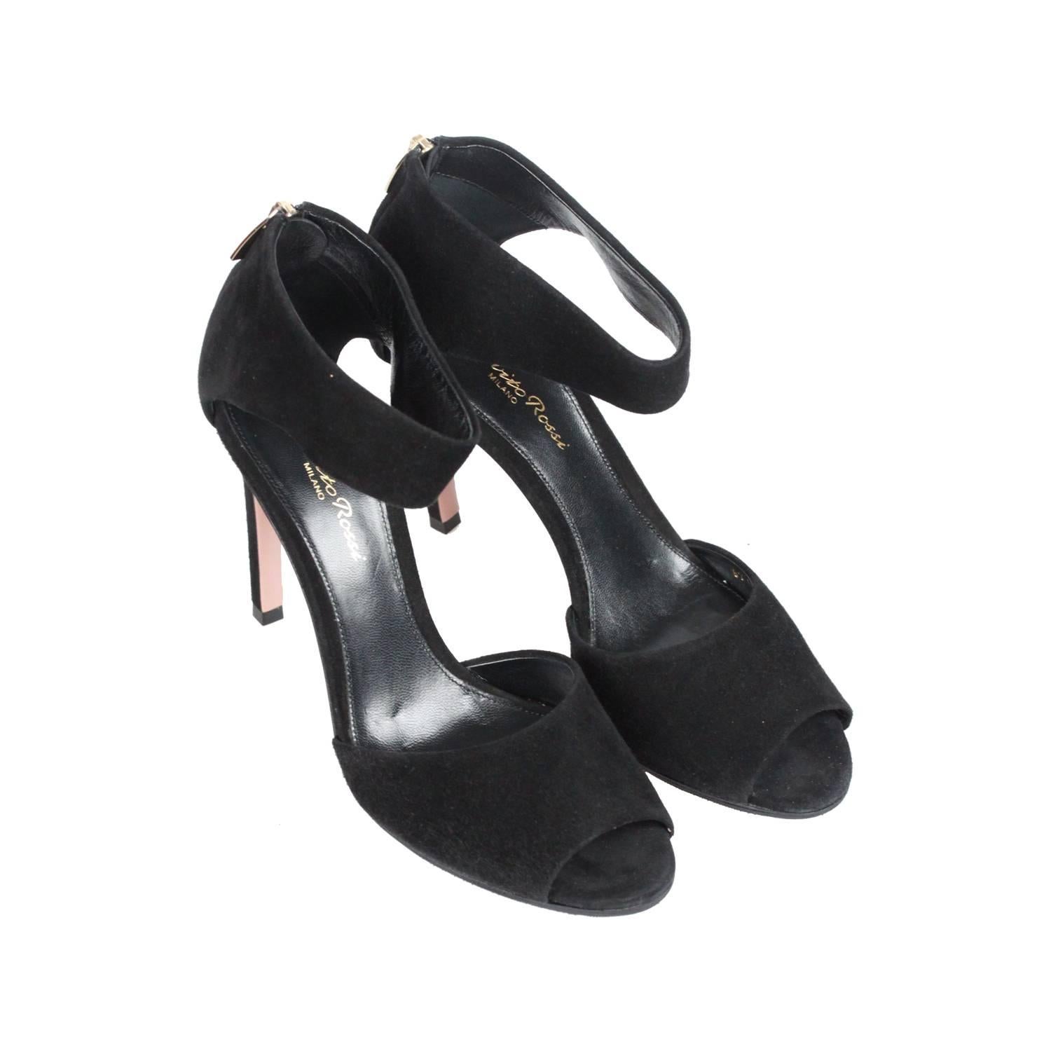 GIANVITO ROSSI Black Suede OPEN TOE Heels SHOES Size 37.5