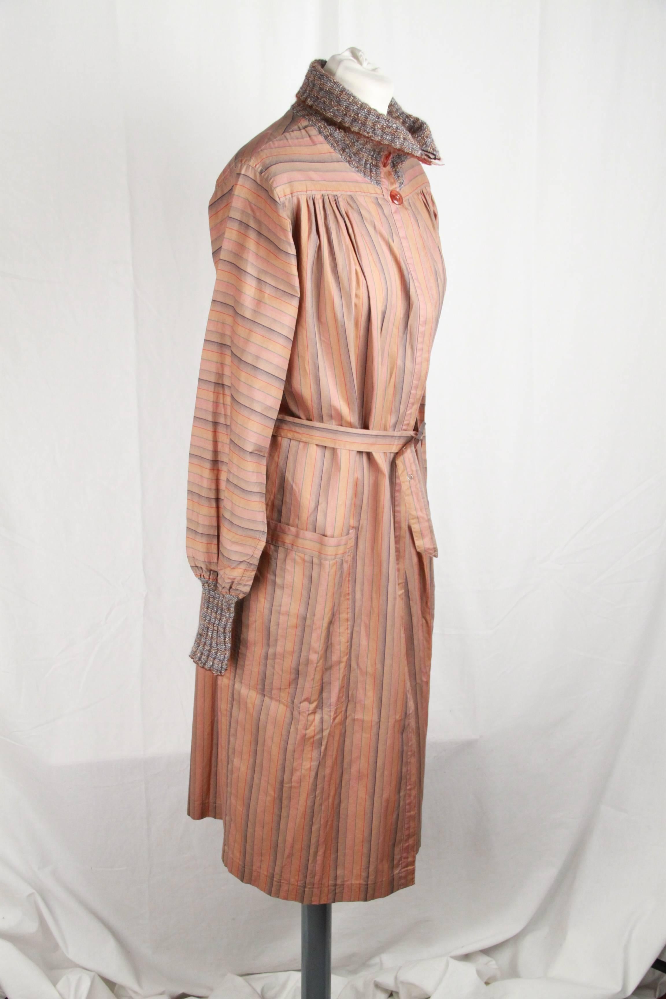 - MISSONI tan striped dress
- Striped pattern in tan colorway
- Long sleeve styling
- Front button-through closure
- Knitted detailing on the collar and on the cuffs
- 2 front patch pockets 
- Belted waistline
- Composition tag is missing! It seems