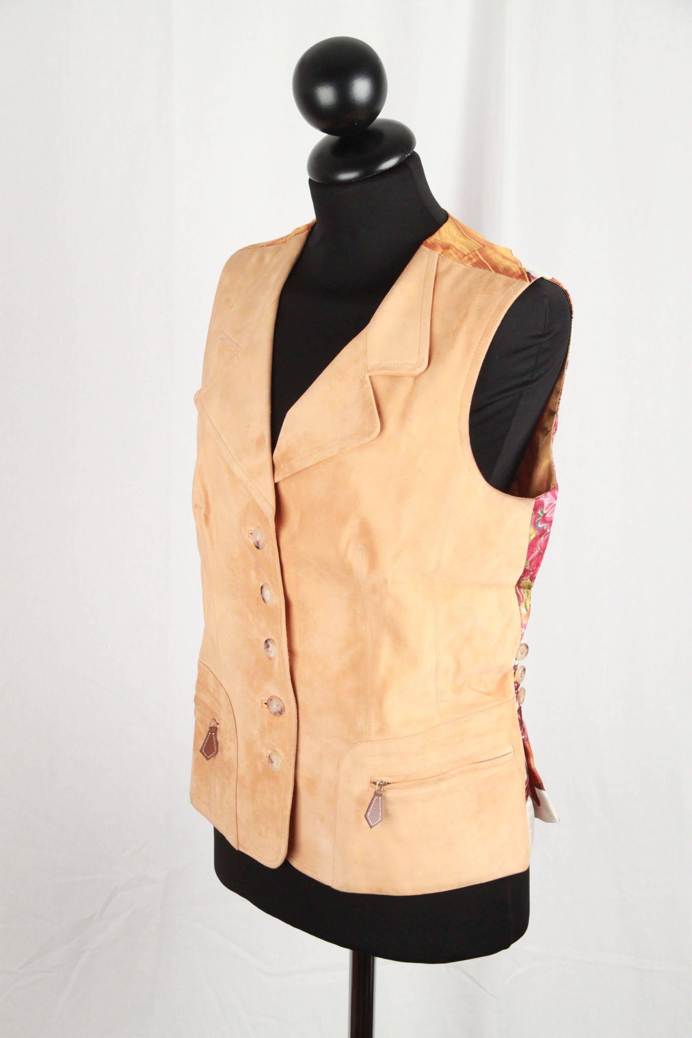 Hermes Suede Vest Waistcoat Silk Panel Passiflora Size 40 IT In Good Condition In Rome, Rome