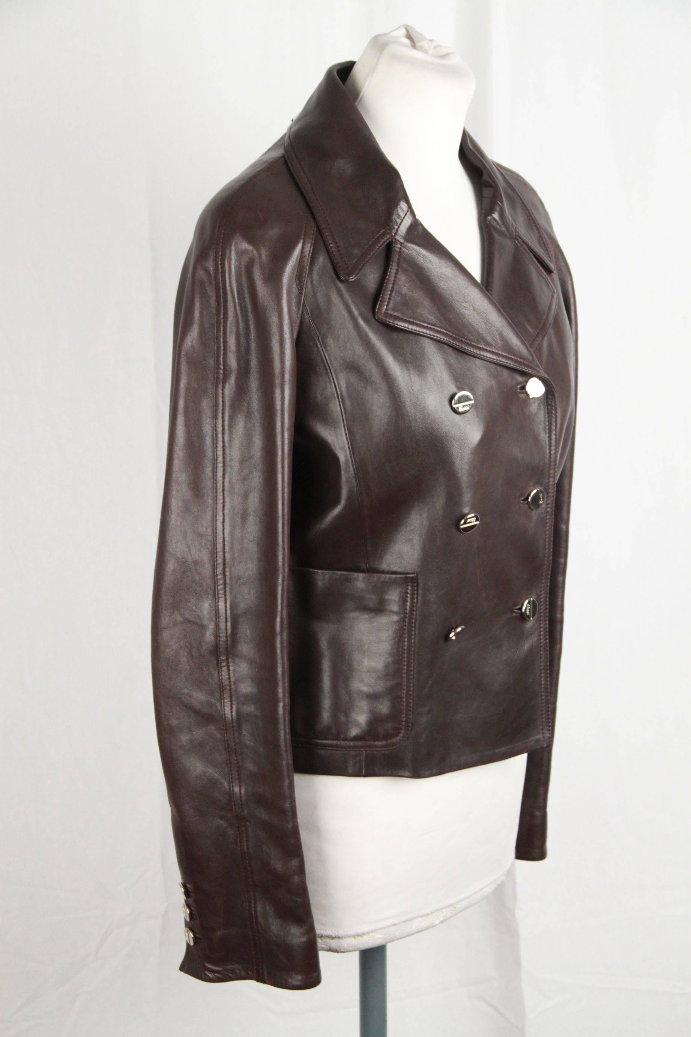 GUCCI Brown Leather DOUBLE BREASTED JACKET Size 40 In Good Condition In Rome, Rome