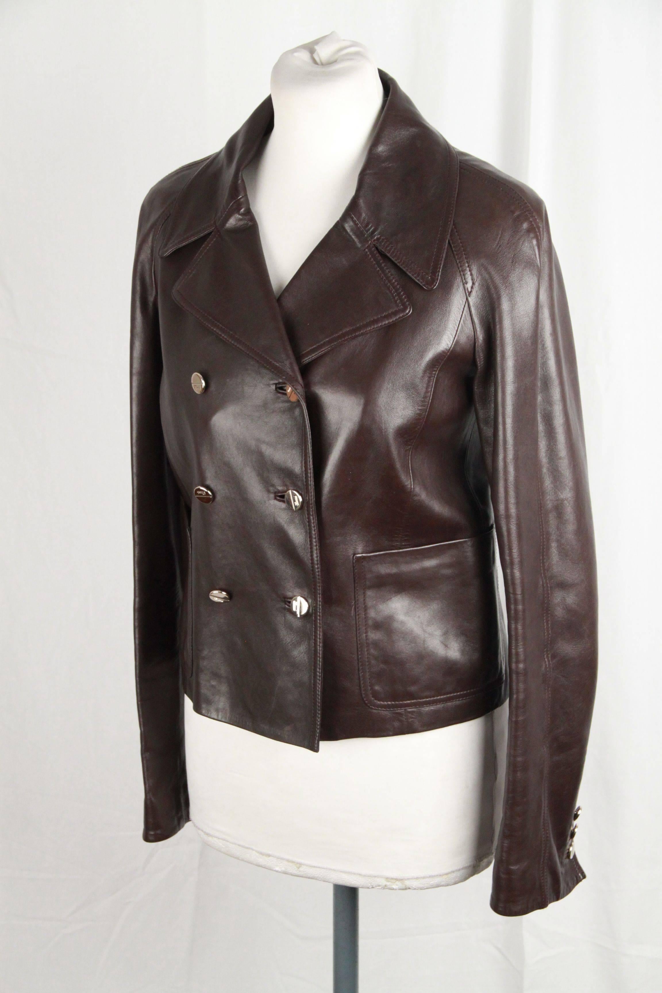 GUCCI Brown Leather DOUBLE BREASTED JACKET Size 40 1