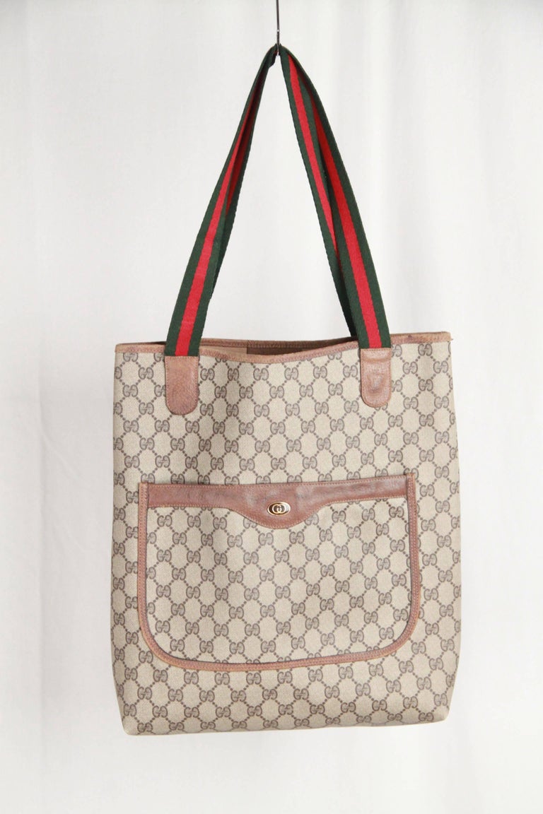 GUCCI Vintage Tan GG MONOGRAM Canvas SHOPPING BAG Tote at 1stdibs