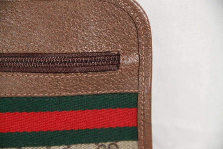 Gucci Vintage Brown Monogram Canvas Leather Red Green Stripe Large Shoulder  Bag