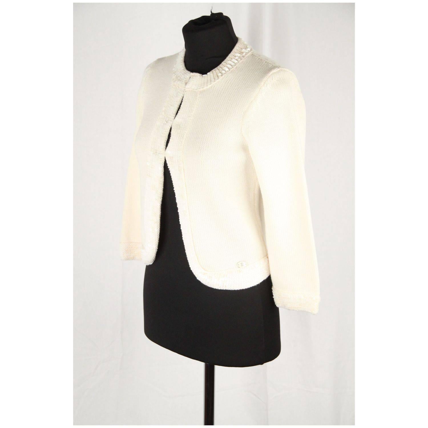CHANEL Ivory Wool OPEN FRONT CARDIGAN w/ Sequin SIZE 38 2