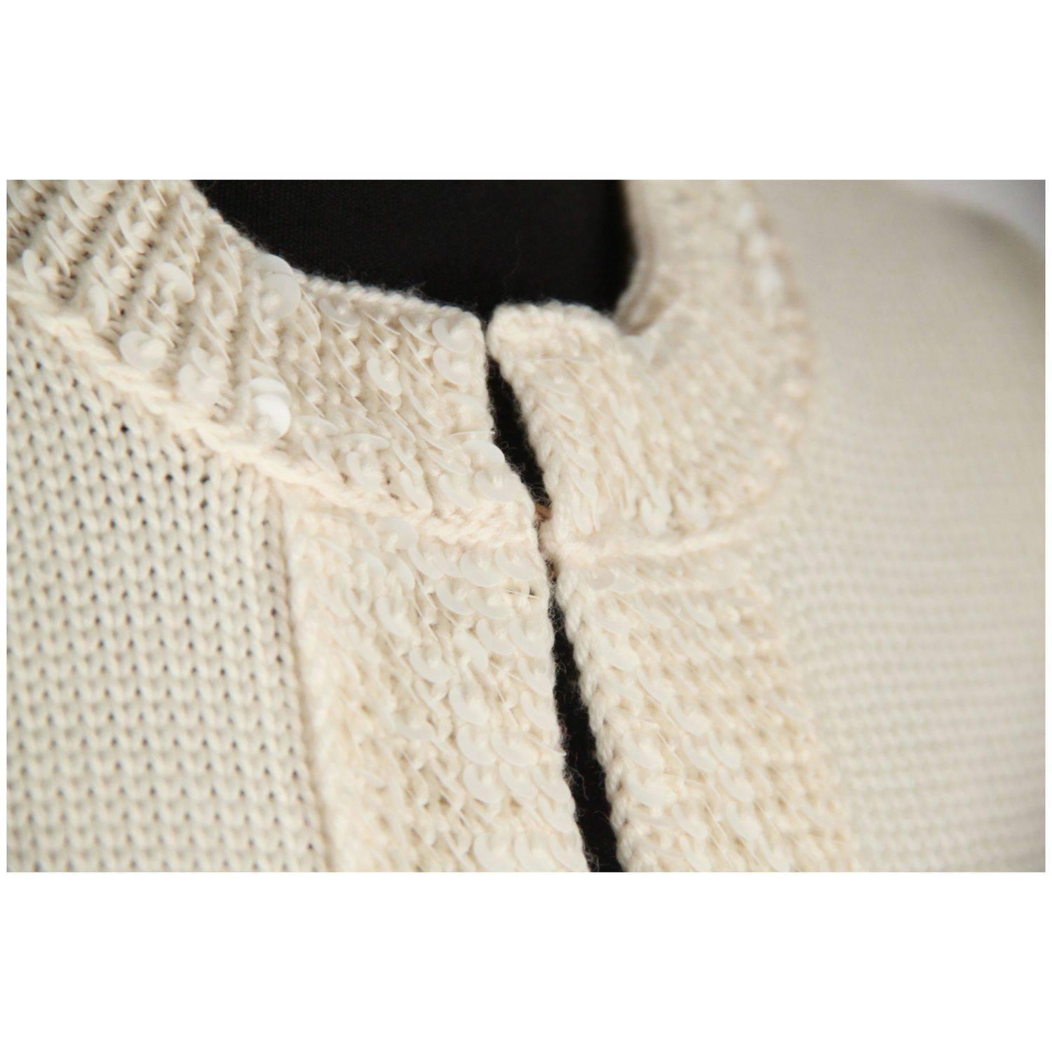 White CHANEL Ivory Wool OPEN FRONT CARDIGAN w/ Sequin SIZE 38