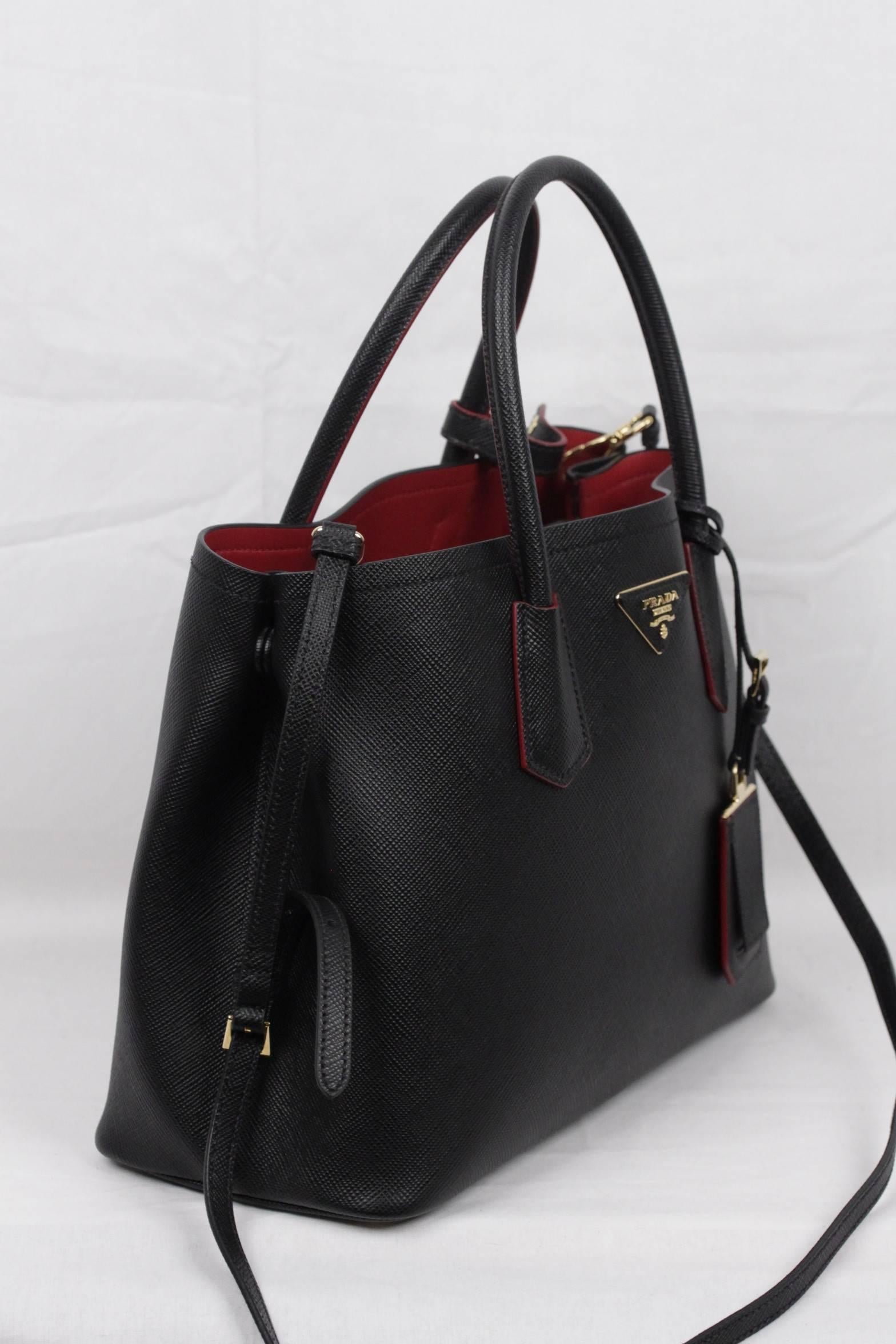 PRADA Black SAFFIANO CUIR Leather DOUBLE BAG Tote Satchel 1BG775 In New Condition In Rome, Rome