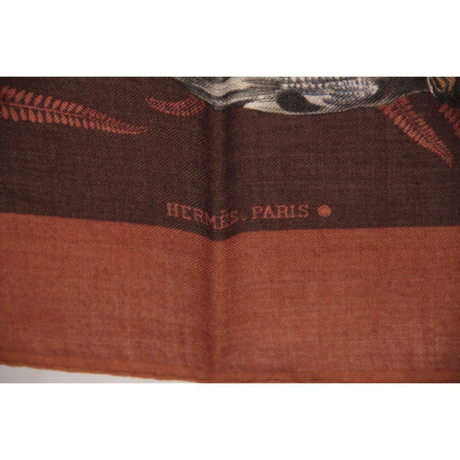 Brown HERMES Vintage Cashmere & Silk Scarf GIBIERS 1966 Henry De Linares (90x90)
