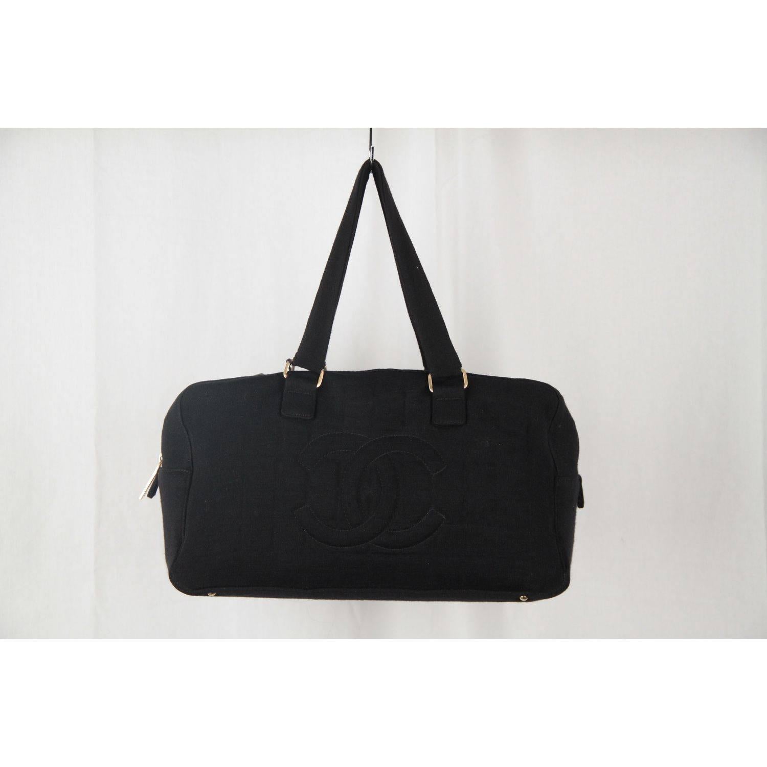 CHANEL Black SQUARE STITCH Fabric BOWLING BOWLER Shoulder Bag 1