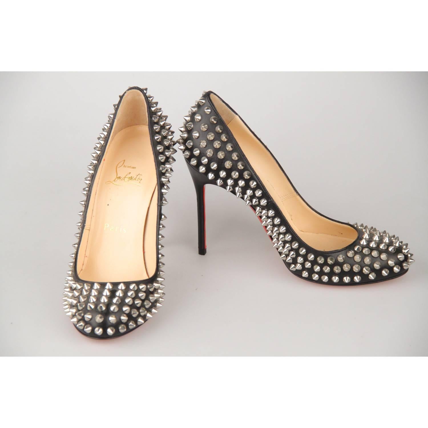 Beige CHRISTIAN LOUBOUTIN Black Leather Fifi Spikes 100 Pumps Shoes 36.5