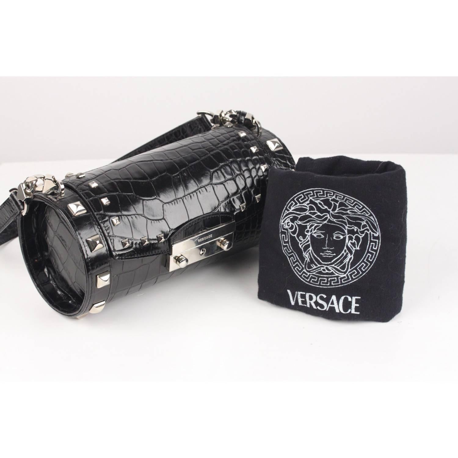 VERSACE Black Embossed Leather Cylinder Box Bag with Studs 9