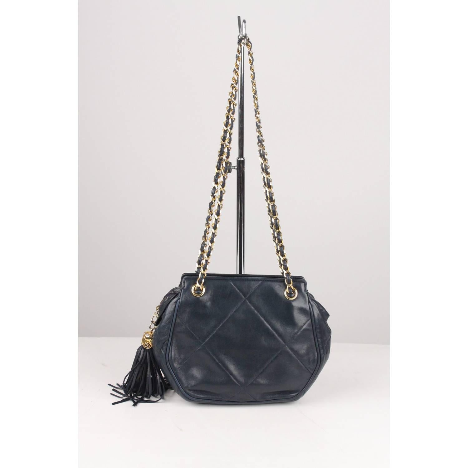 CHANEL Vintage Blue Quilted Leather Tassel Shoulder Bag 1