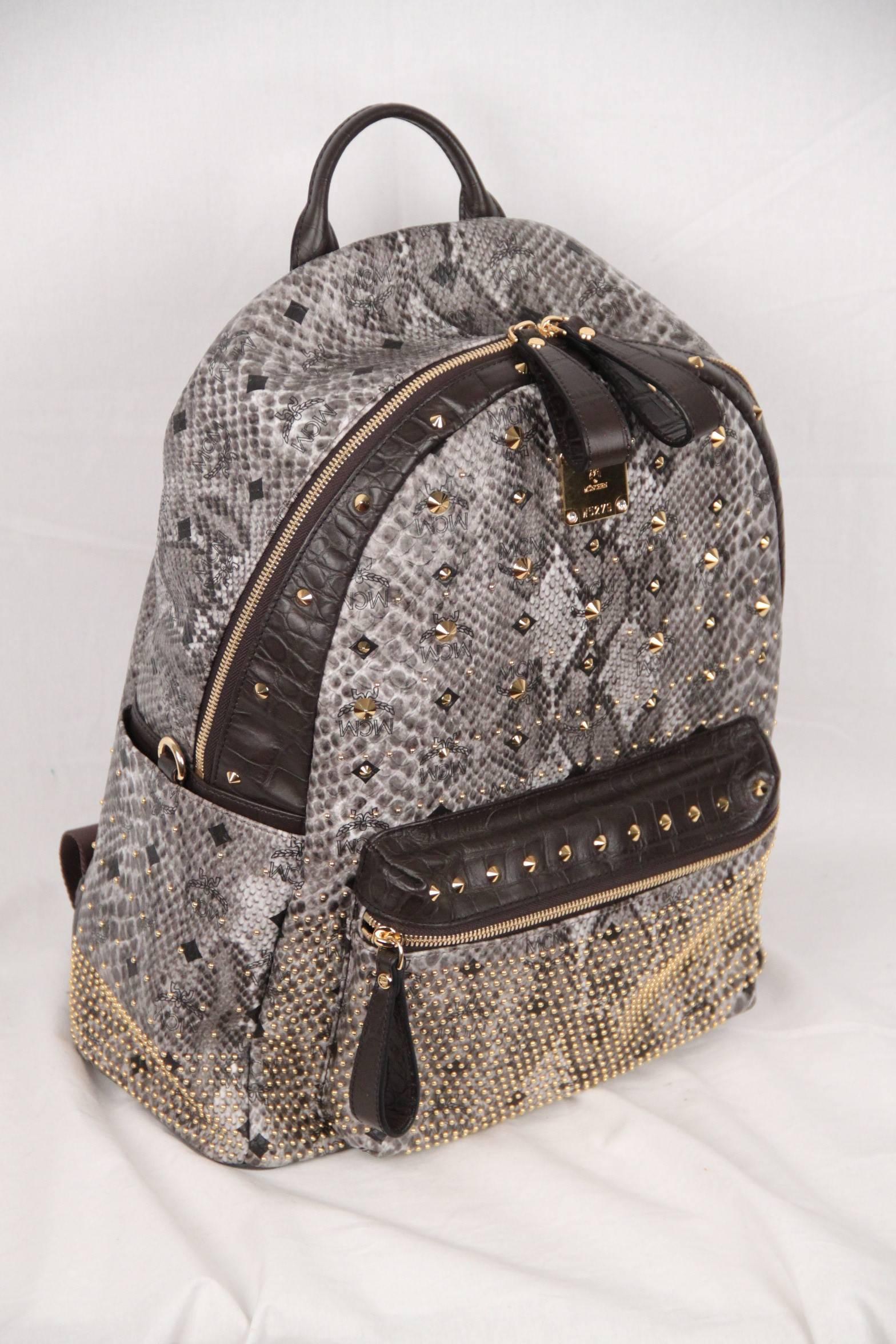 Gray MCM MUNCHEN Python Canvas Stud Armour BACKPACK Shoulder Bag