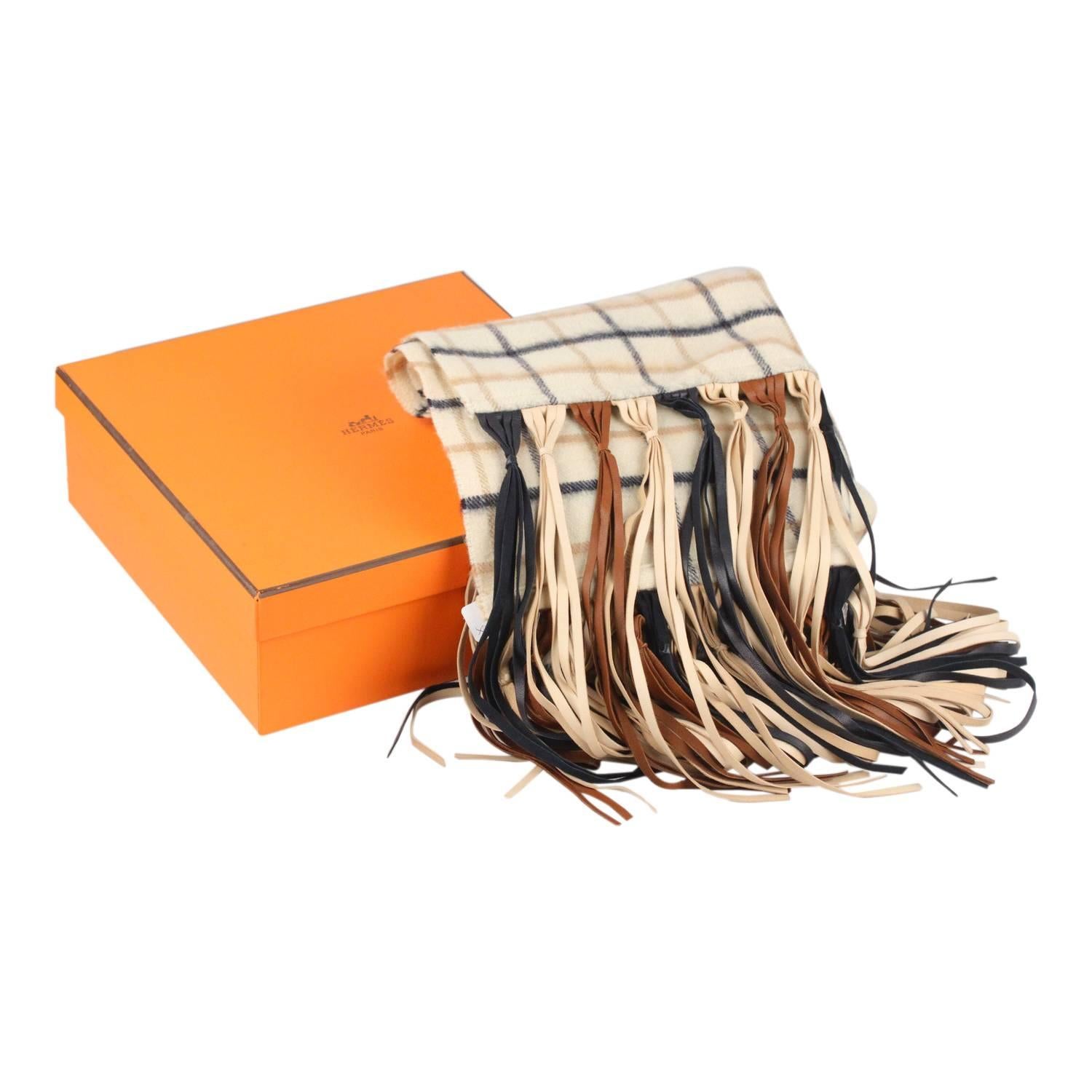 HERMES Vintage Cashmere & Wool Scarf with Leather Fringes