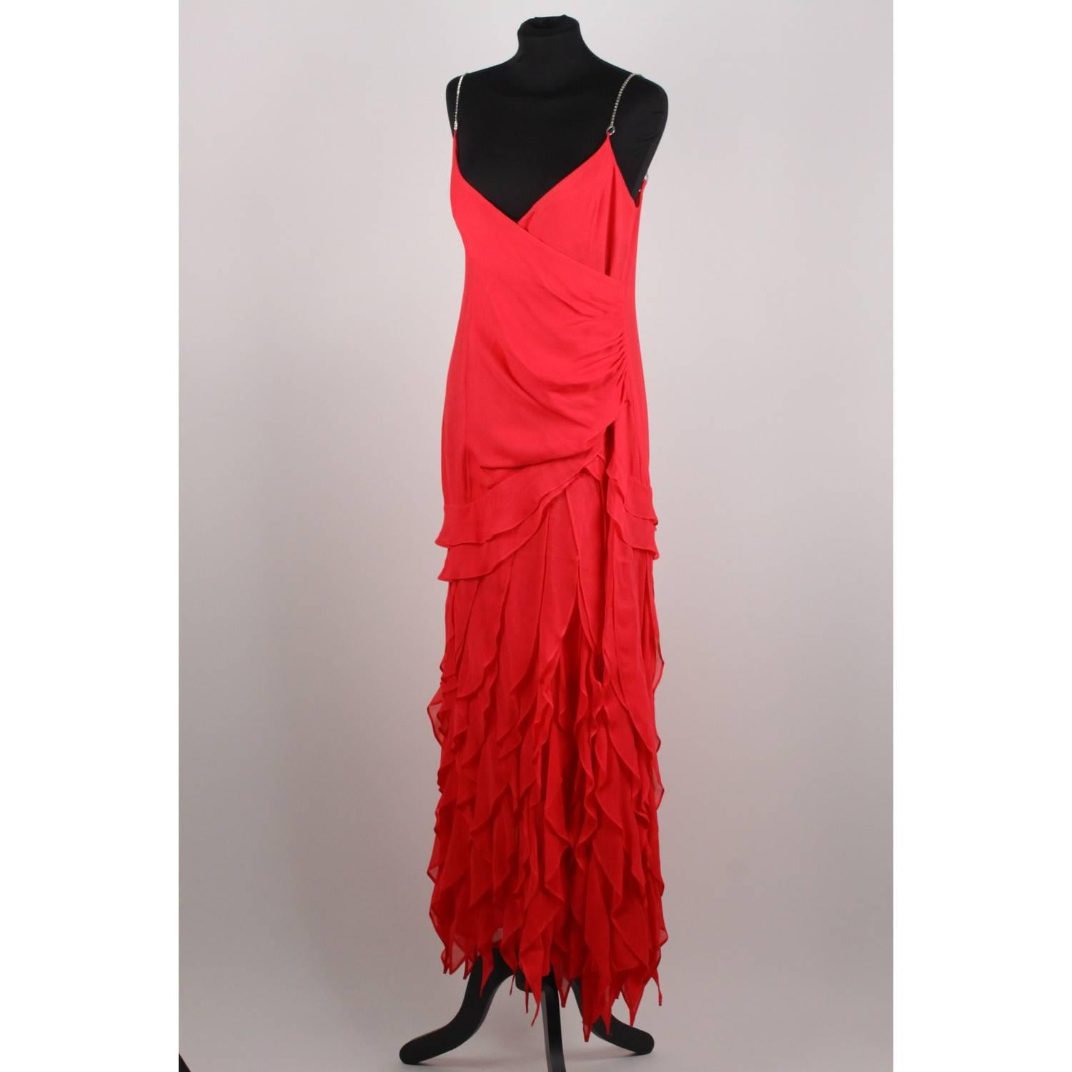 Women's Gai Mattiolo Magenta Ruffled Silky Dress with Rhinestones Size 44
