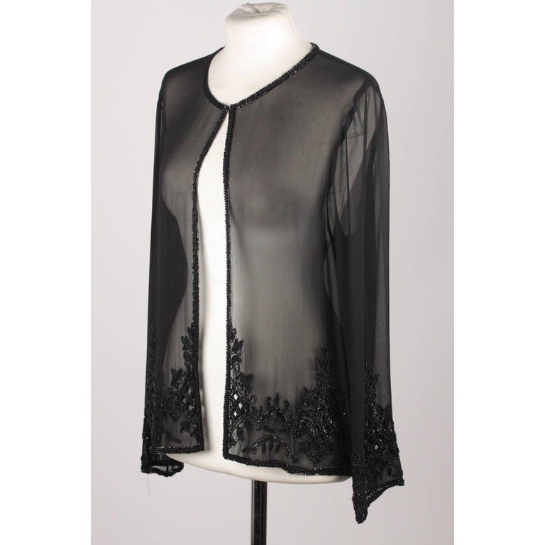 Valentino Black Pure Silk Chiffon Evening Jacket with Beadwork For Sale