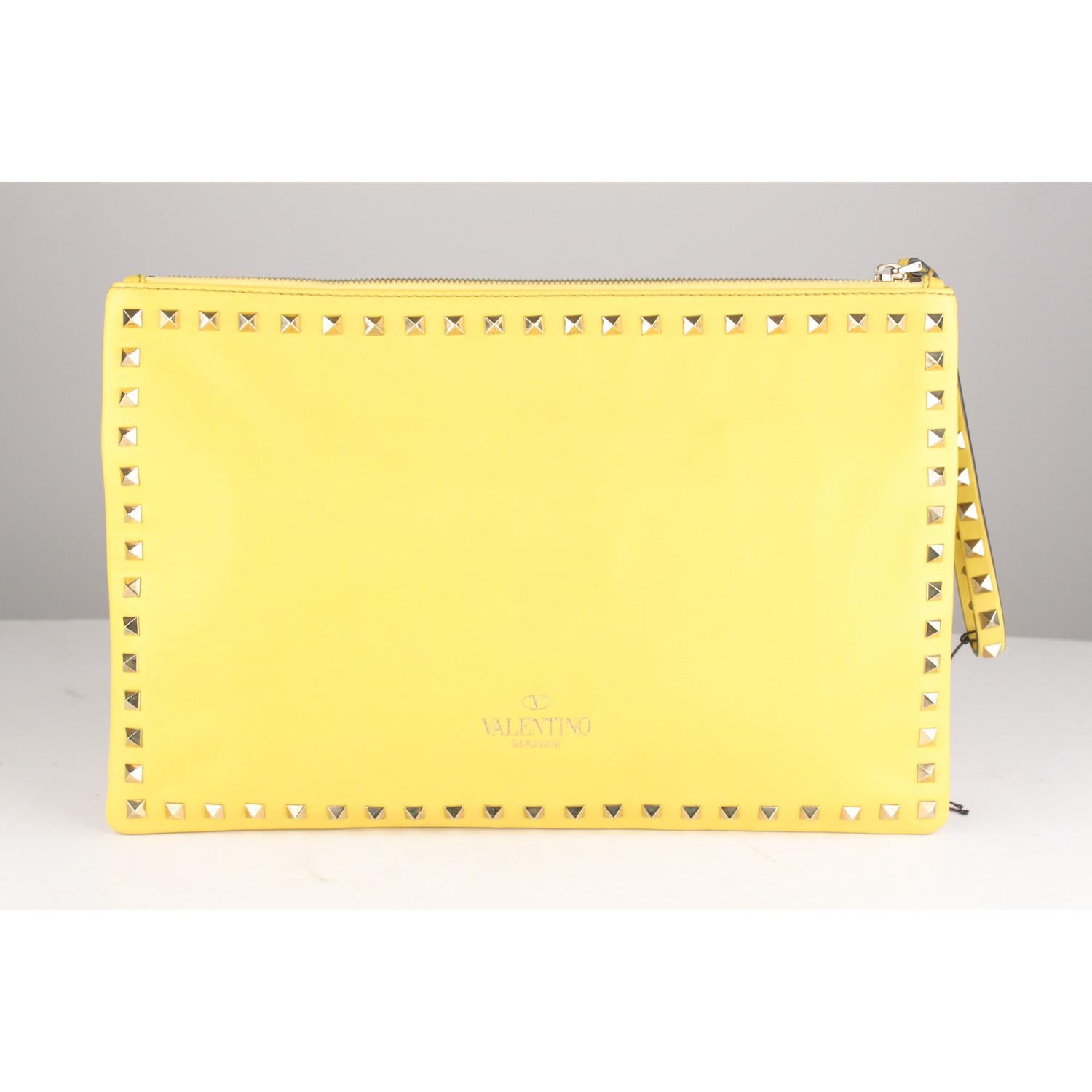Valentino Yellow Leather Studded Rockstud Large Clutch Wrist Bag 2