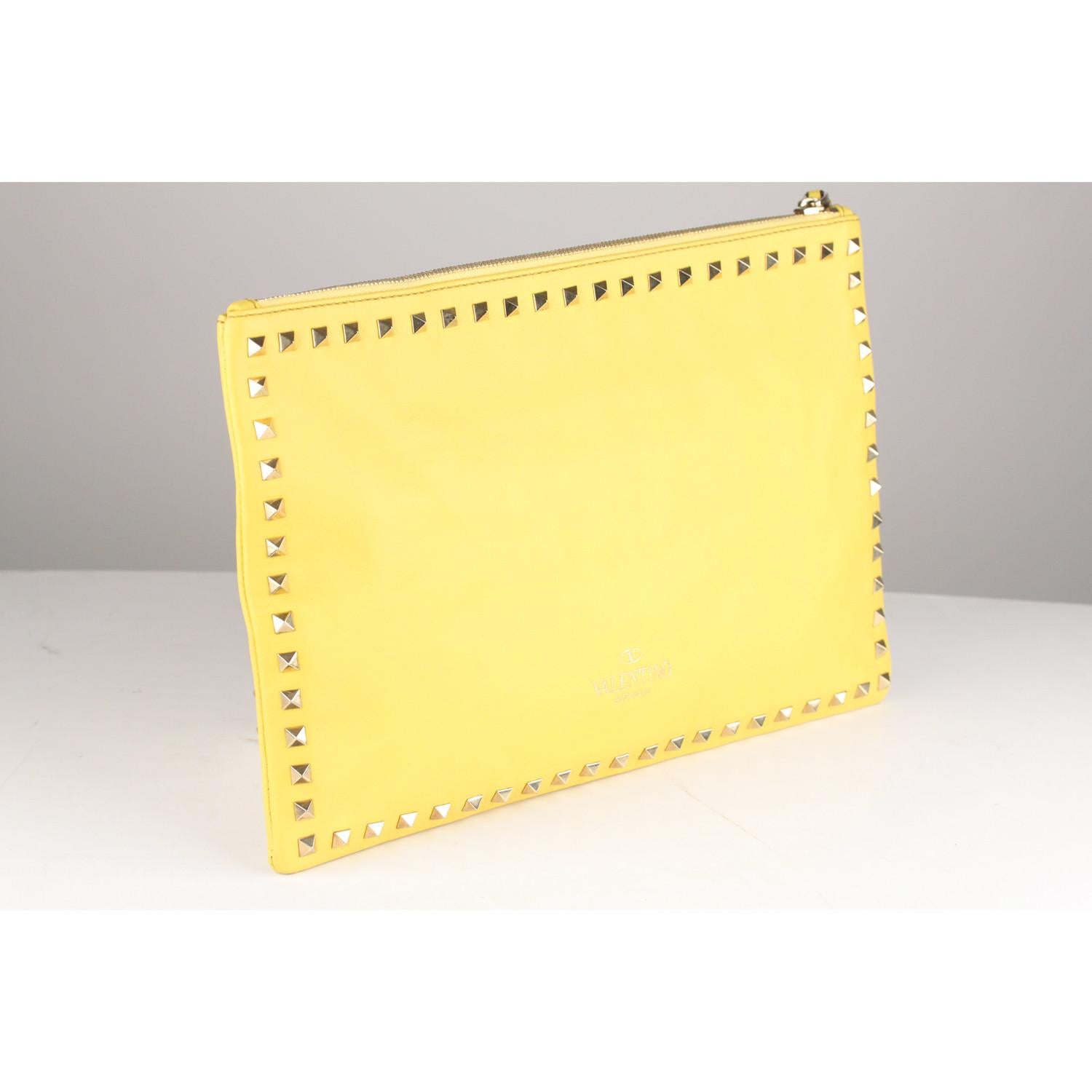 Valentino Yellow Leather Studded Rockstud Large Clutch Wrist Bag 5