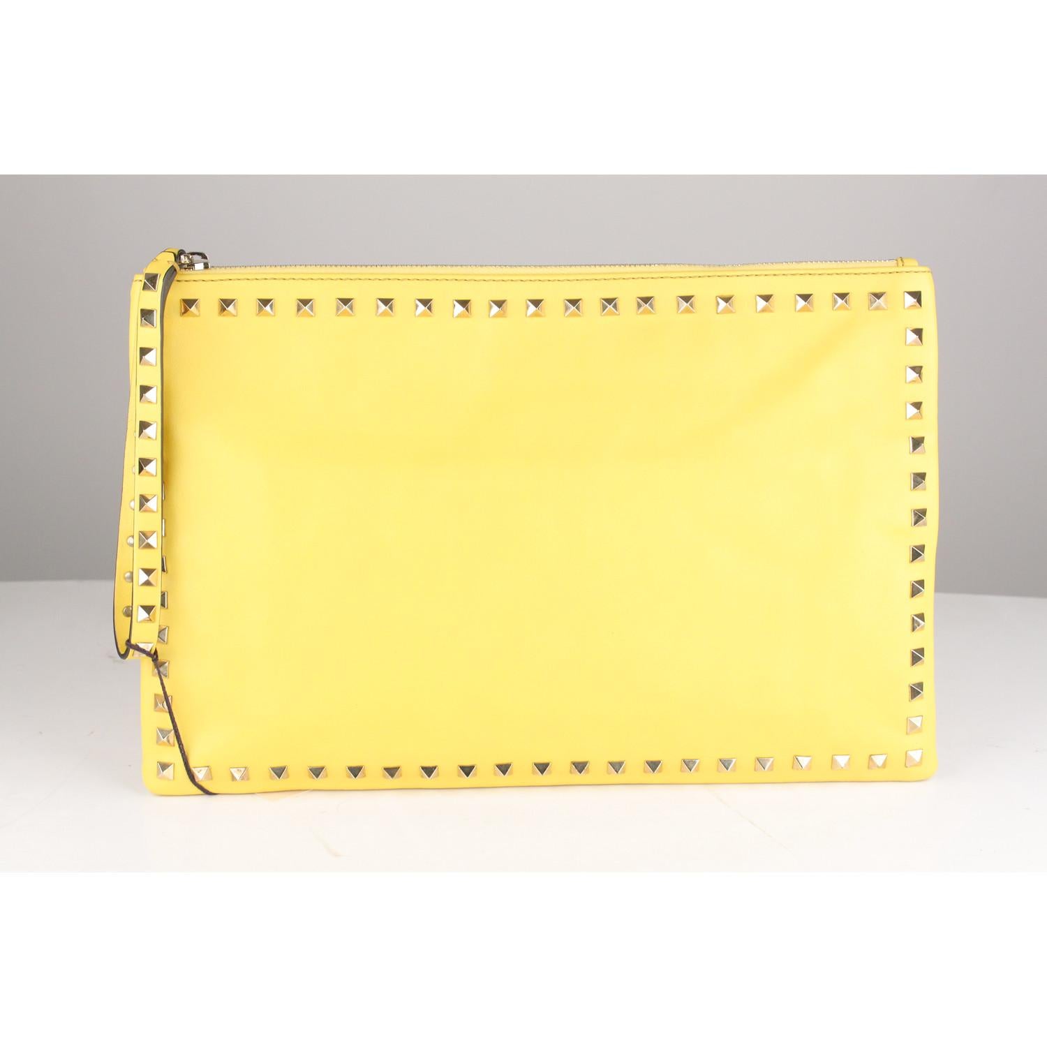 Valentino Yellow Leather Studded Rockstud Large Clutch Wrist Bag 6