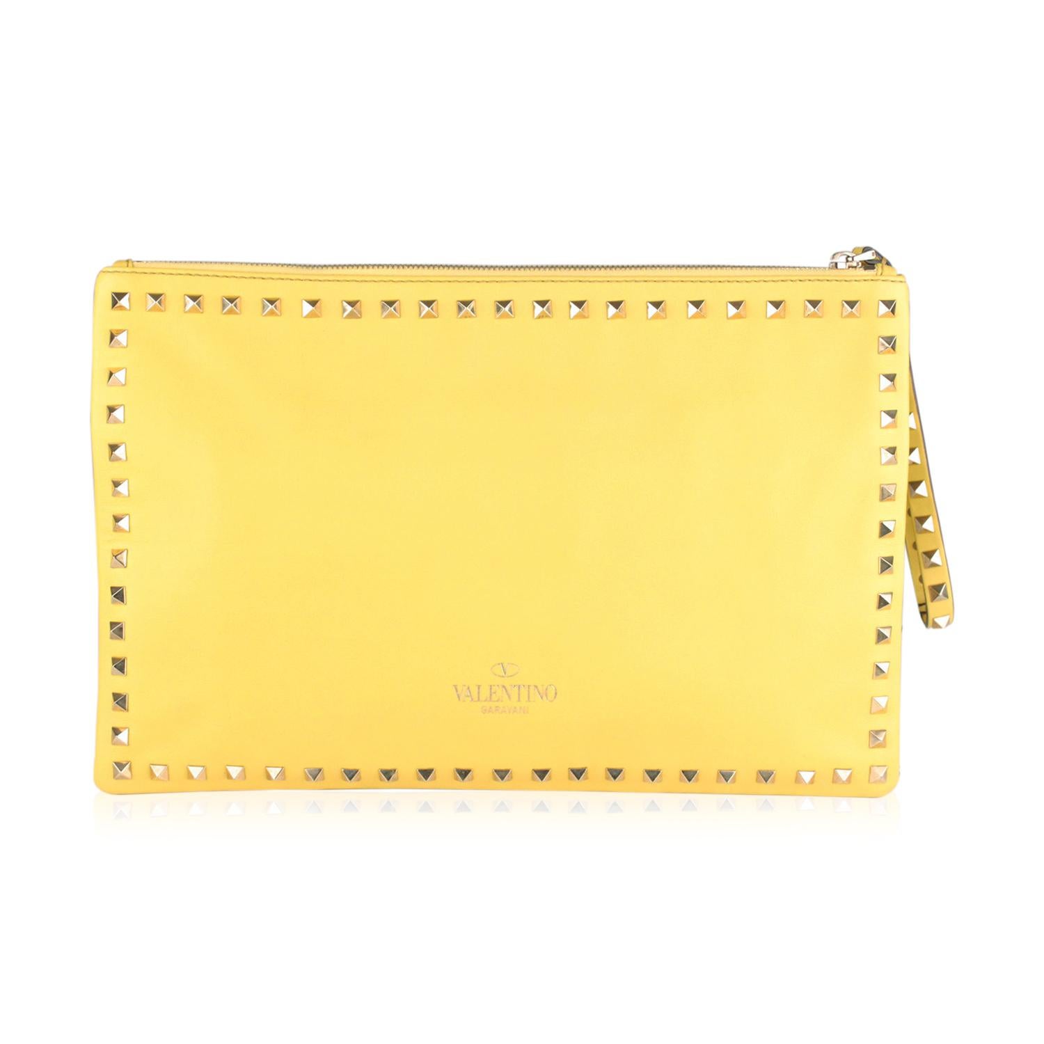 Valentino Yellow Leather Studded Rockstud Large Clutch Wrist Bag 1