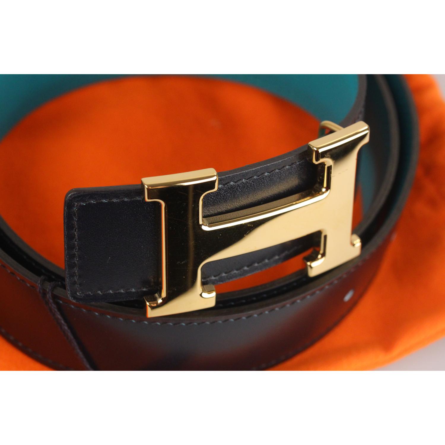 Brown Hermes Teal and Blue Leather Reversible Belt with Gold Metal H-Buckle 