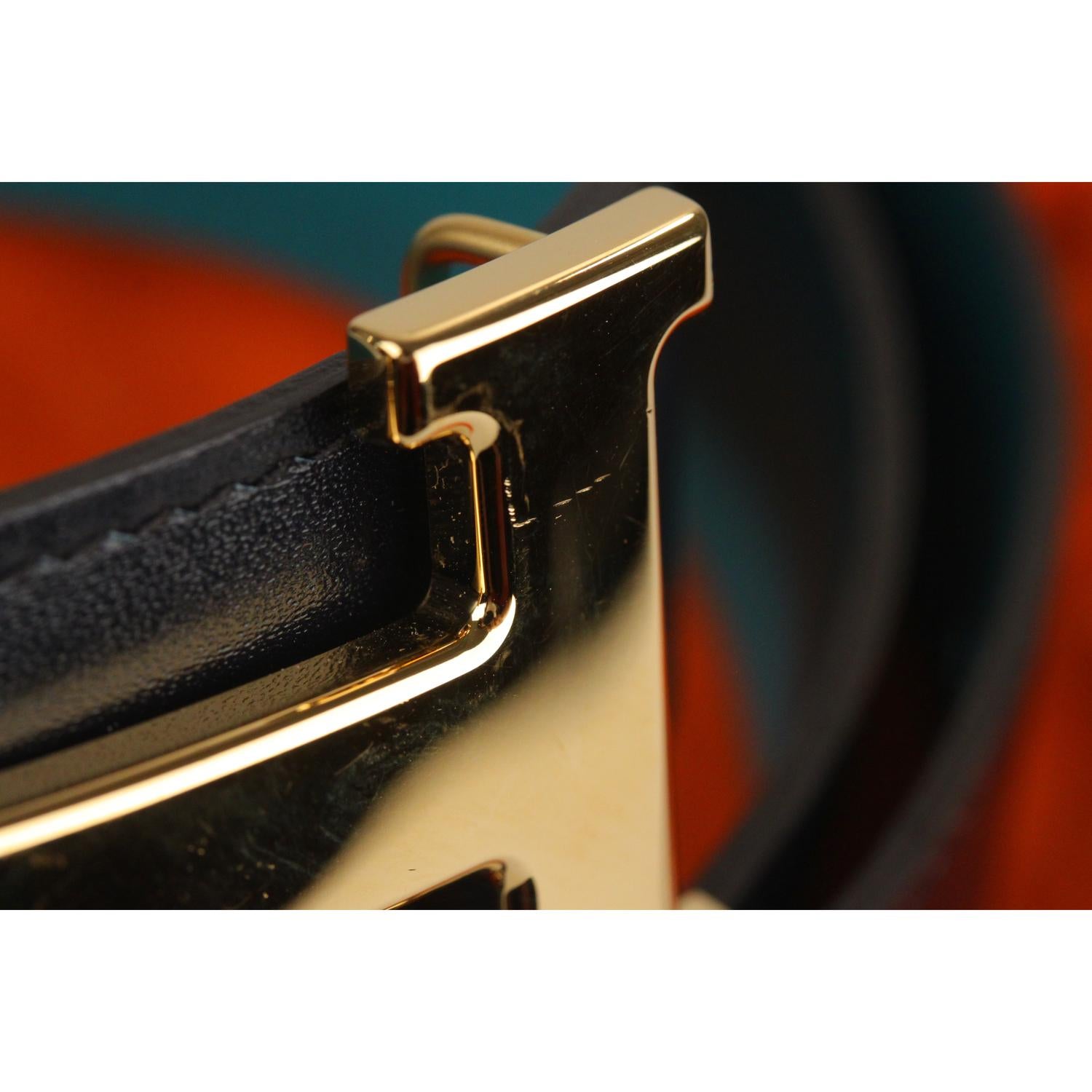 Hermes Teal and Blue Leather Reversible Belt with Gold Metal H-Buckle  In Excellent Condition In Rome, Rome