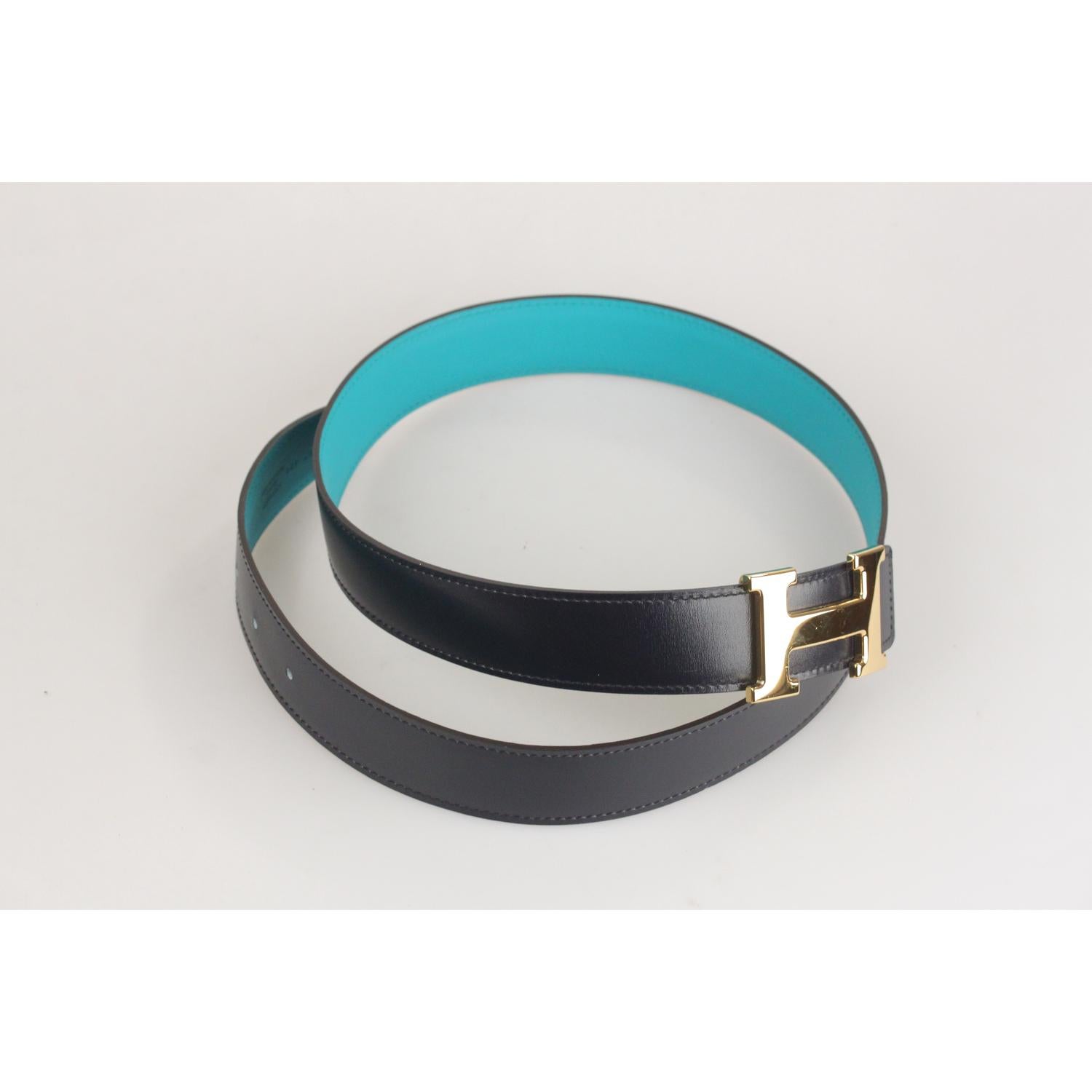 Hermes Teal and Blue Leather Reversible Belt with Gold Metal H-Buckle  1