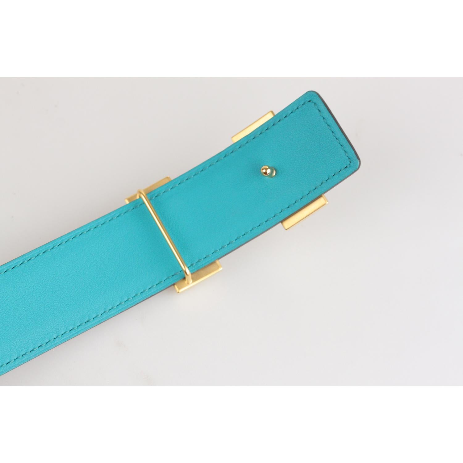 Women's Hermes Teal and Blue Leather Reversible Belt with Gold Metal H-Buckle 