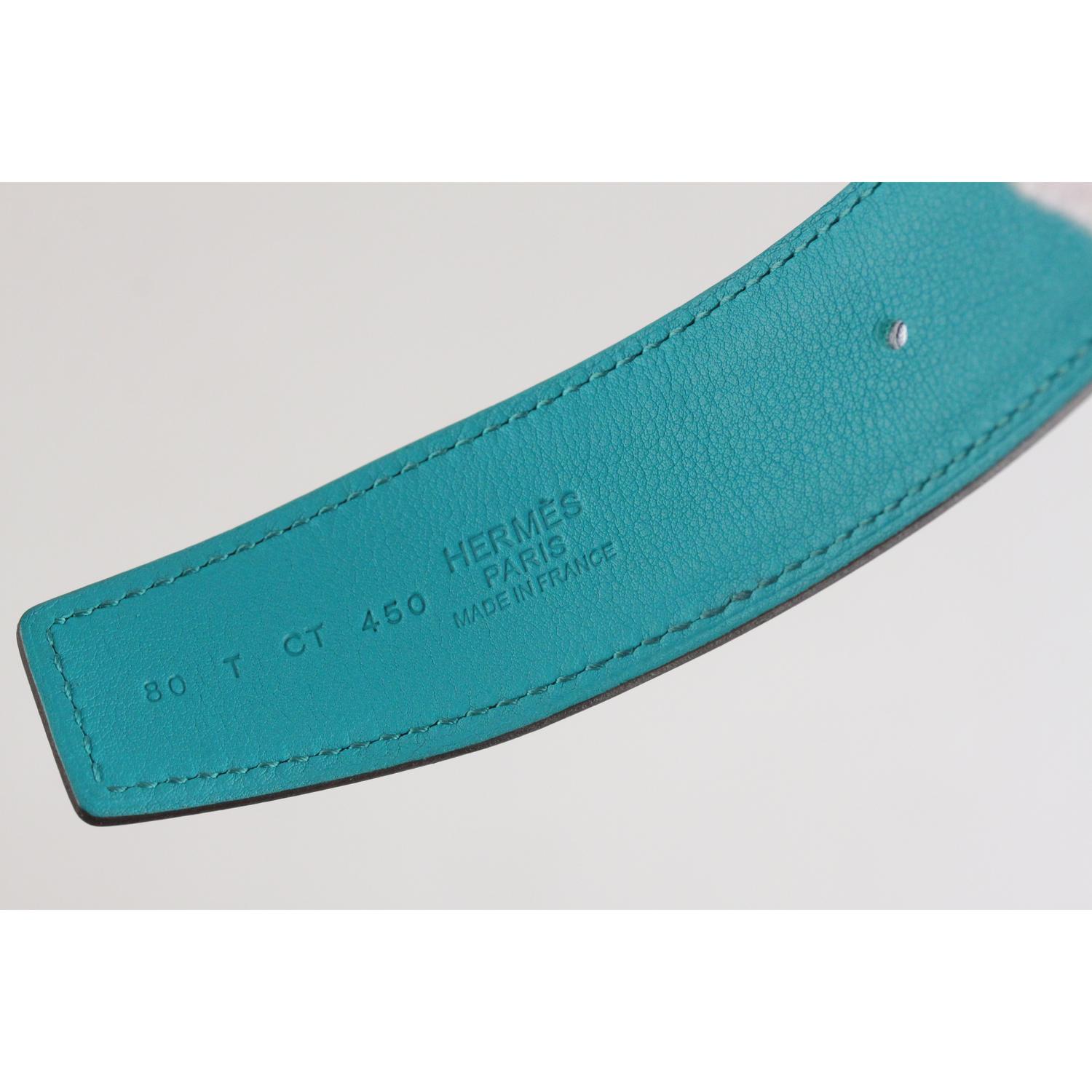 Hermes Teal and Blue Leather Reversible Belt with Gold Metal H-Buckle  2