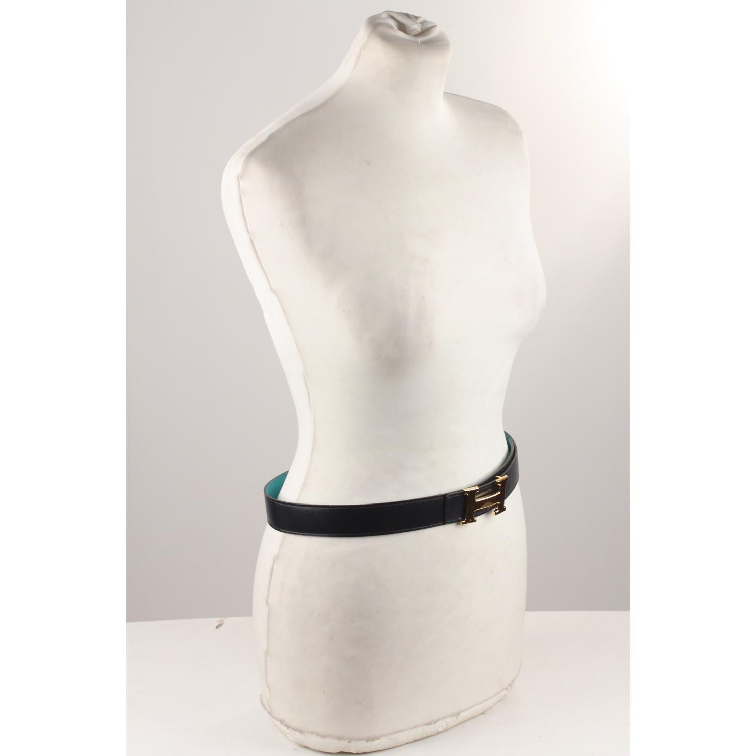 Hermes Teal and Blue Leather Reversible Belt with Gold Metal H-Buckle  4