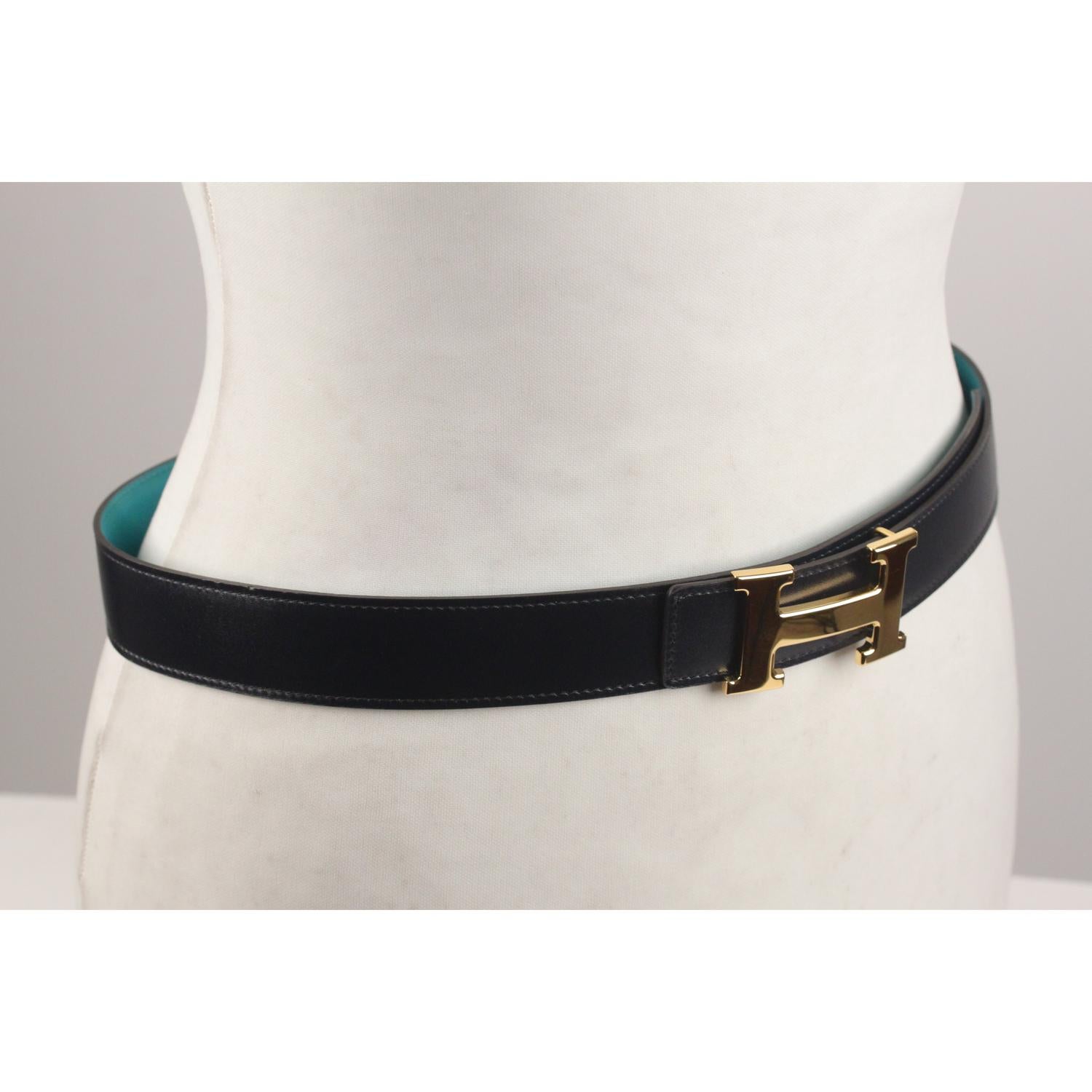 Hermes Teal and Blue Leather Reversible Belt with Gold Metal H-Buckle  5