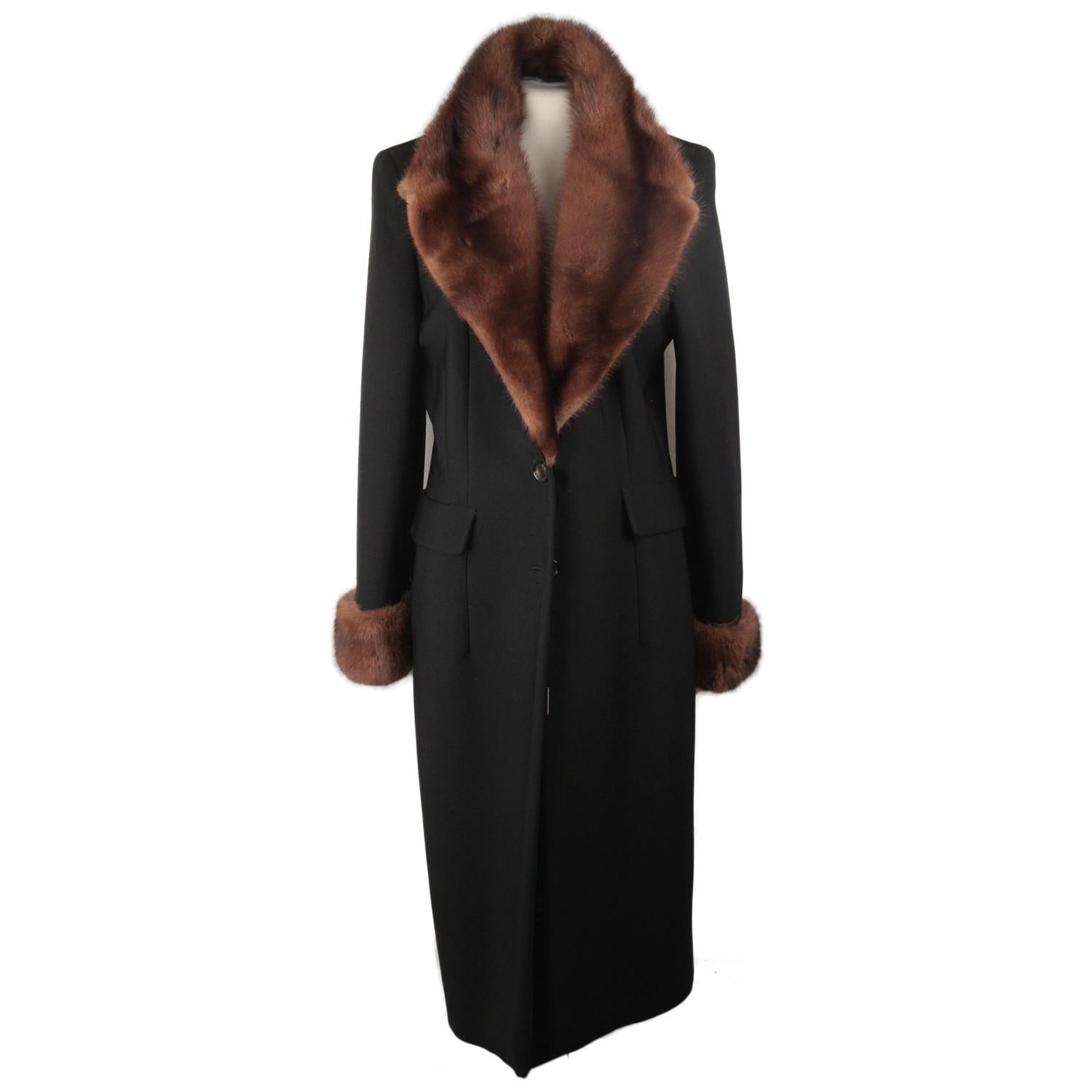 Les Copains Black Wool Tailored Coat with Mink Fur Trim Size 44