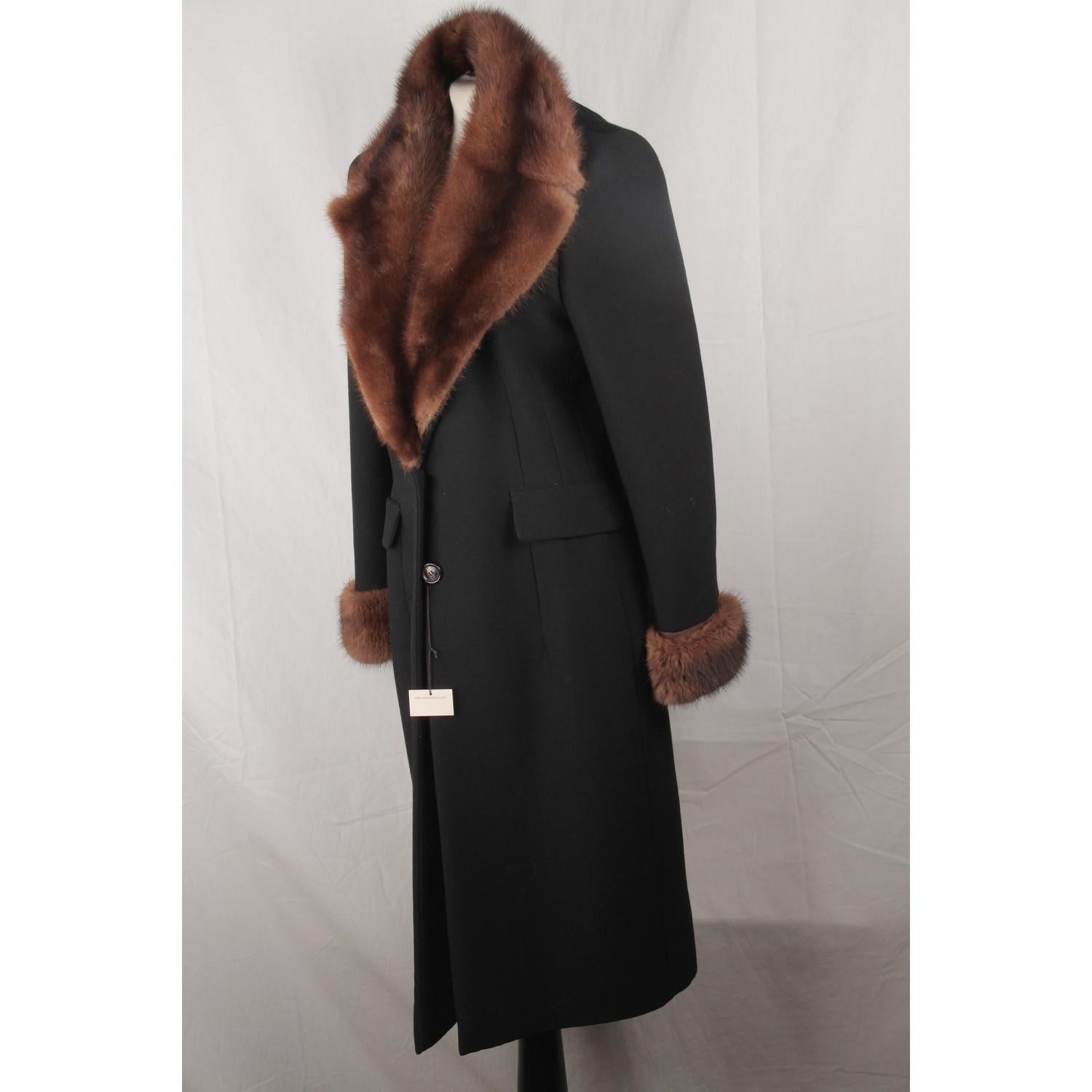 Les Copains Black Wool Tailored Coat with Mink Fur Trim Size 44 2