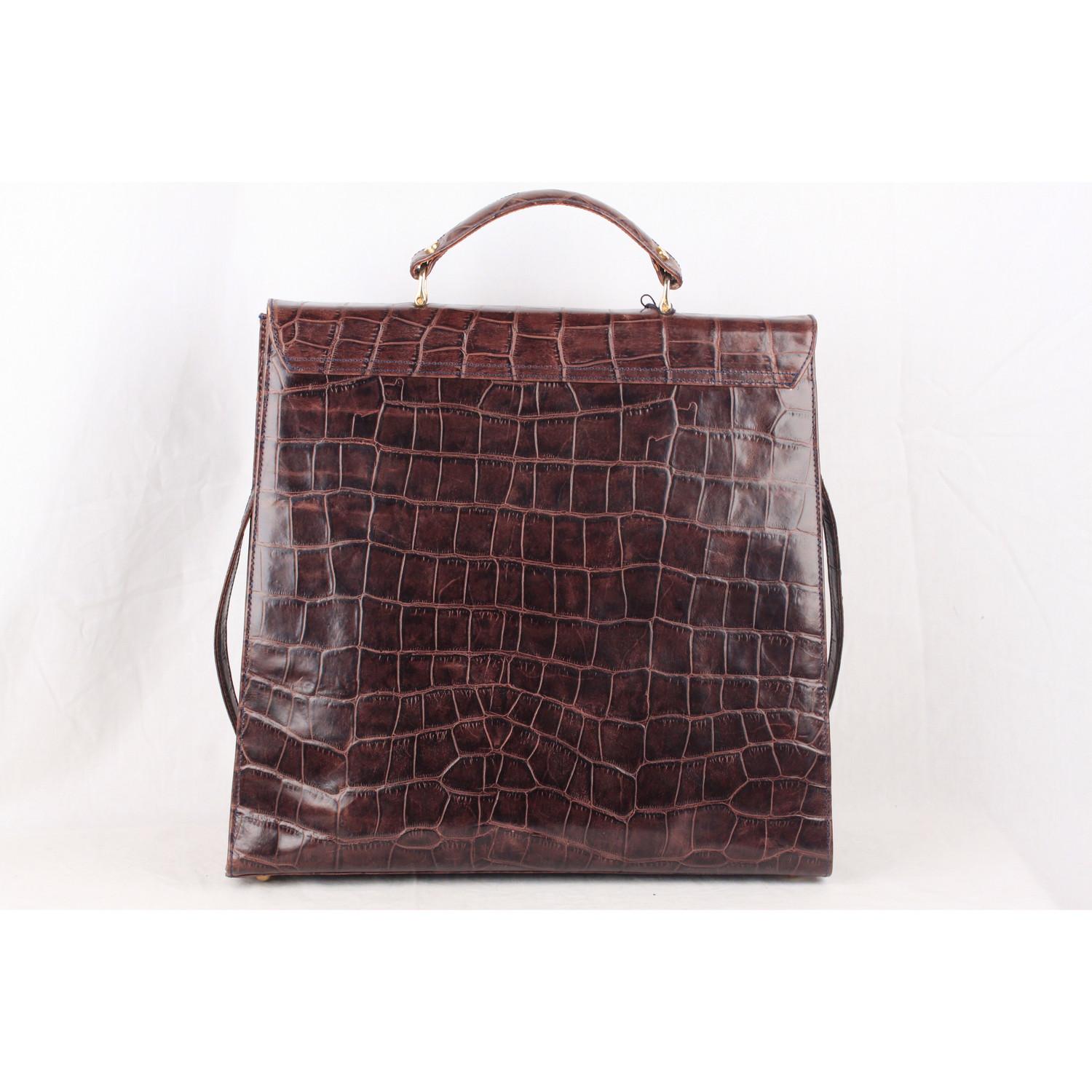 Roy La Vintage Brown Embossed Leather Large Satchel Shoulder Bag In Good Condition In Rome, Rome