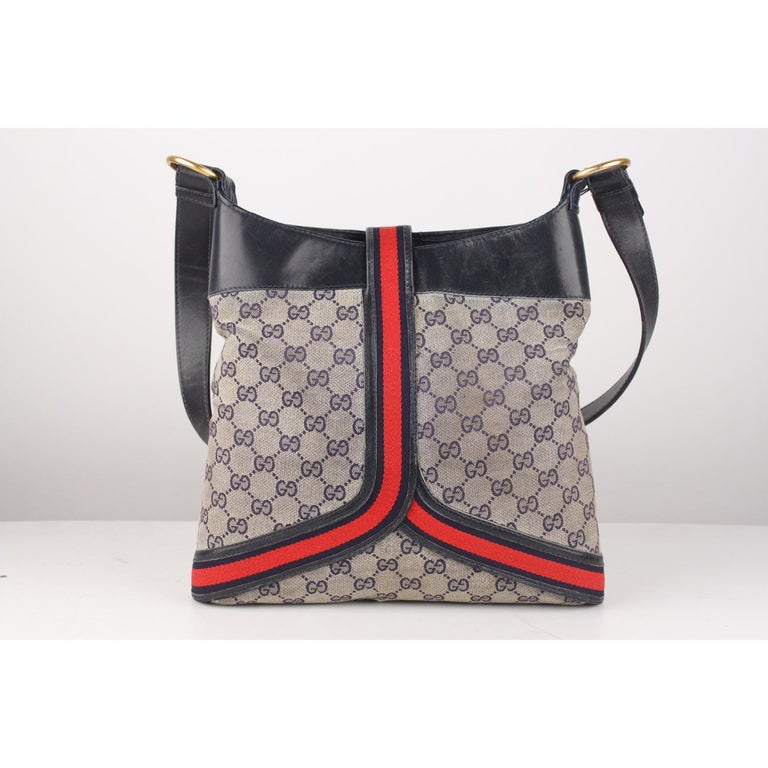 Gucci Vintage Blue Monogram Canvas Shoulder Bag with Stripes at 1stDibs