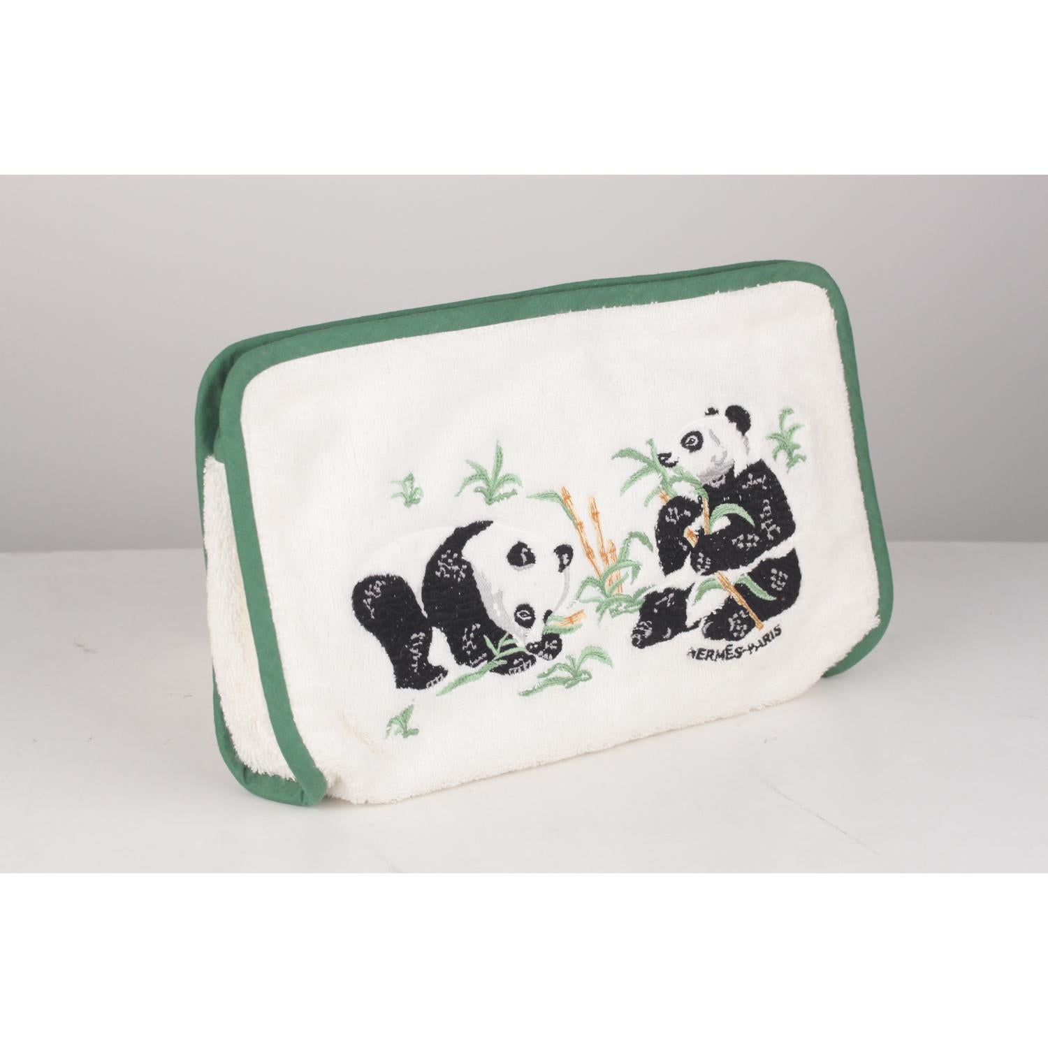 Hermes Paris White Terry Cloth Cotton Cosmetic Bag with Panda In New Condition In Rome, Rome