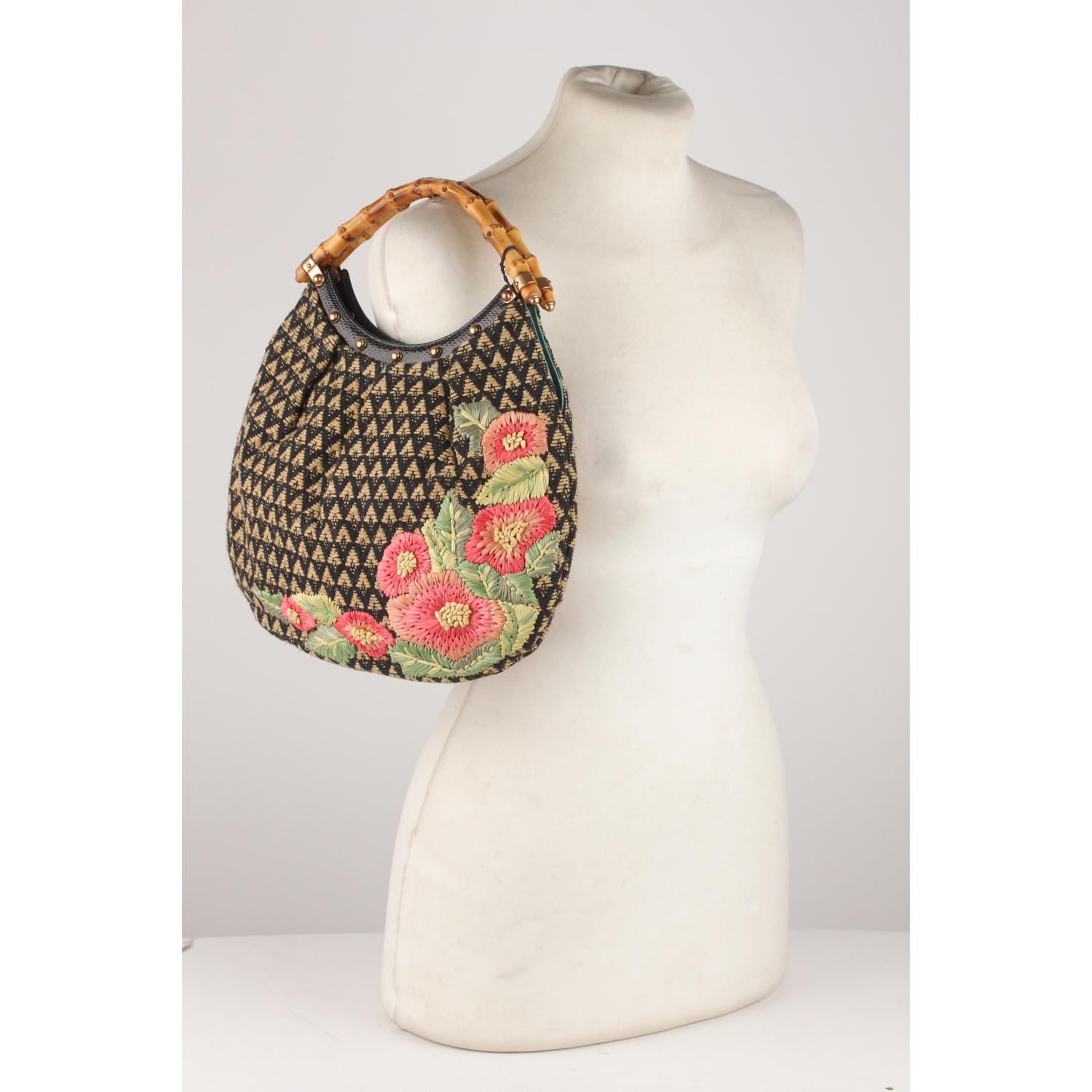 Women's Gucci Limited Edition Raffia Flowers Bamboo Handle Canvas Hobo Bag 
