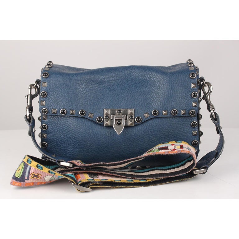 Valentino Garavani Blue Leather Rockstud Rolling Messenger Bag For Sale ...