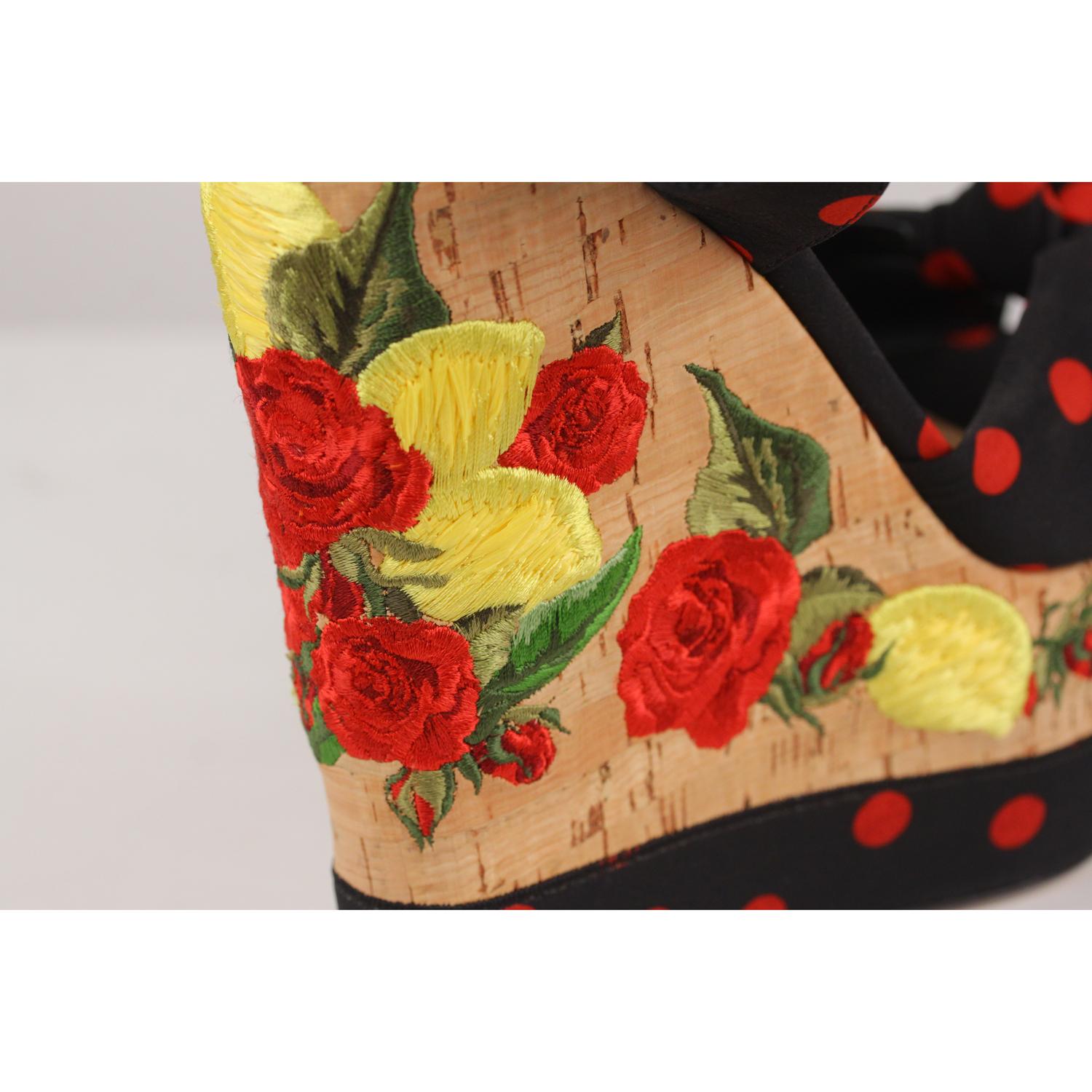 Beige Dolce & Gabbana Polka-dot Canvas Embroidered Cork Wedge Sandals 