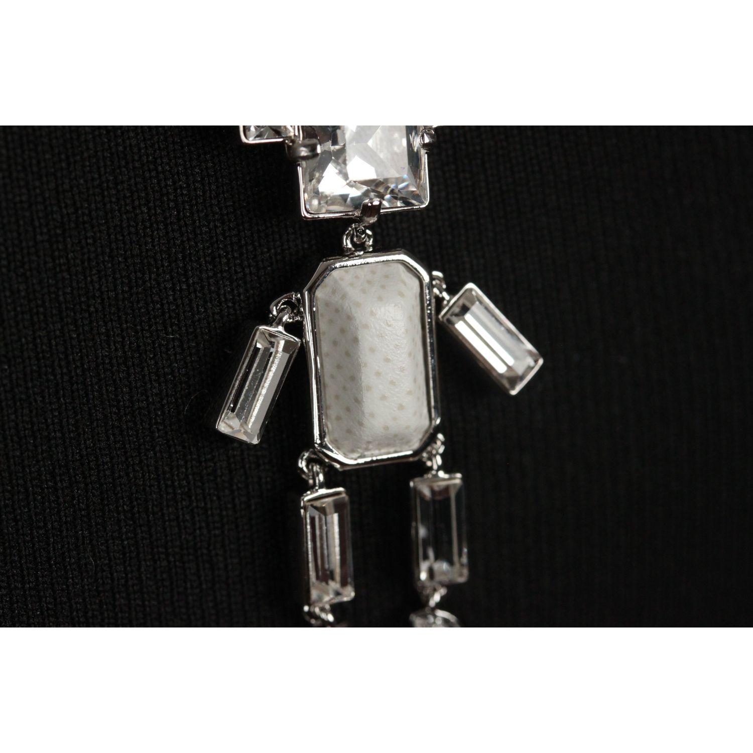 Prada Silber Metall Robot Halskette Weiß Saffiano Leder & Kristalle 1AJP18 2
