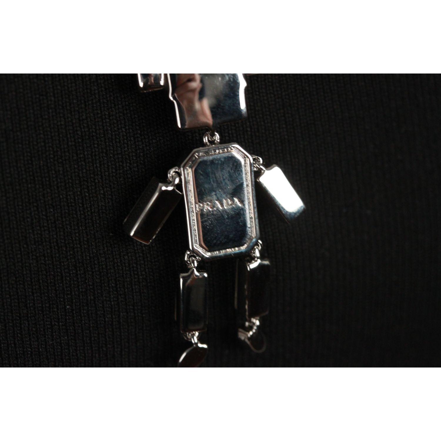 Women's Prada Silver Metal Robot Necklace White Saffiano Leather & Crystals 1AJP18