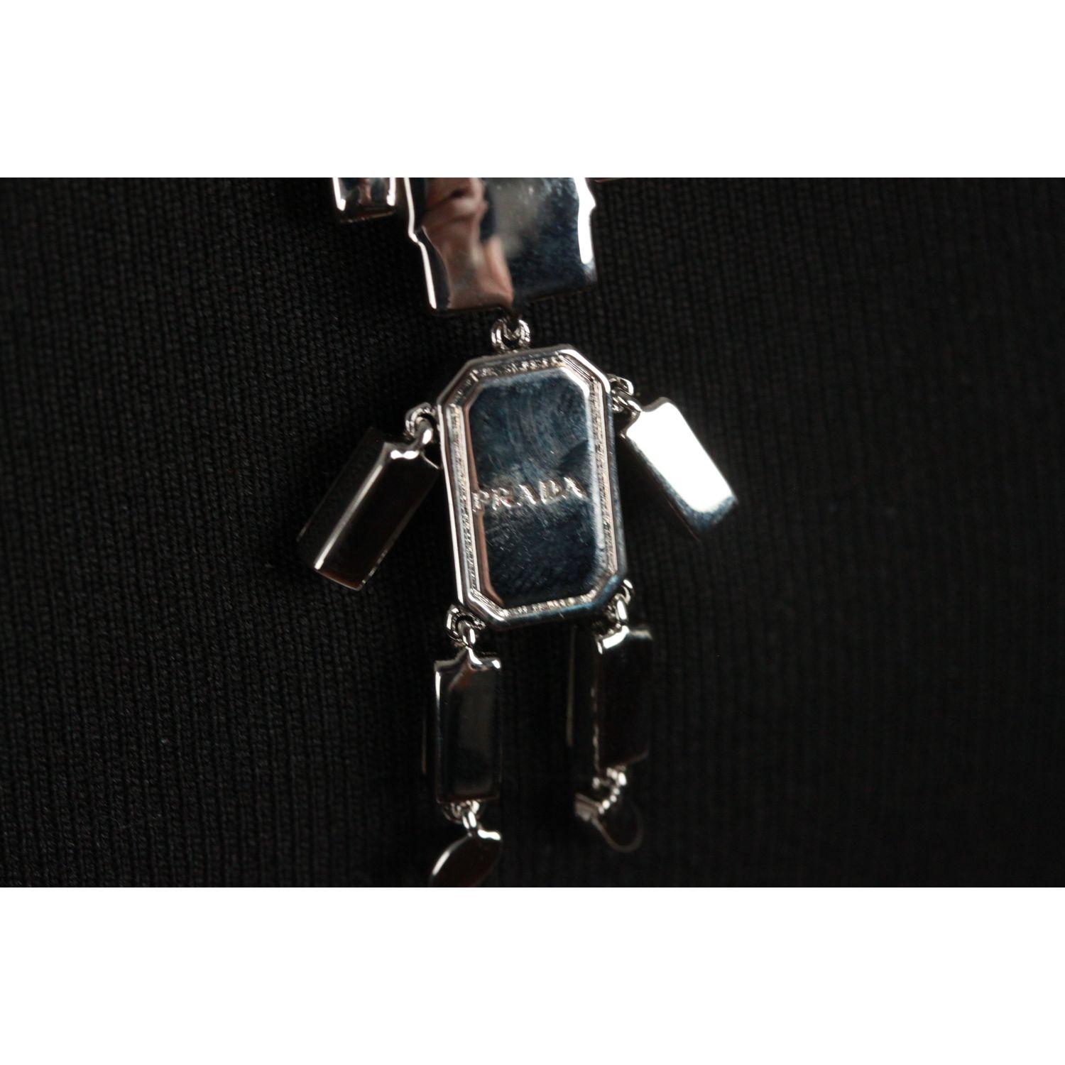 Prada Silber Metall Robot Halskette Weiß Saffiano Leder & Kristalle 1AJP18 3