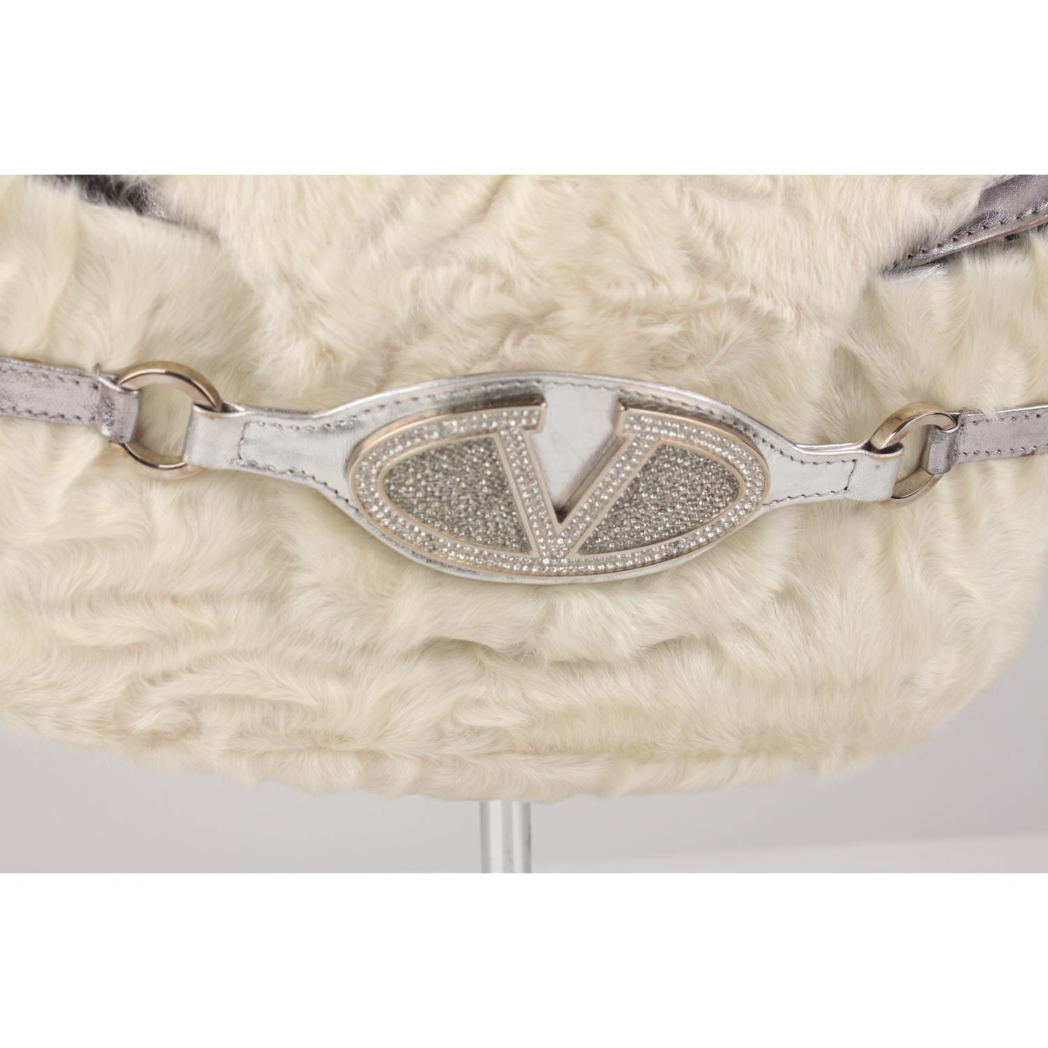 Beige Valentino Garavani White Fur and Silver Leather Shoulder Bag