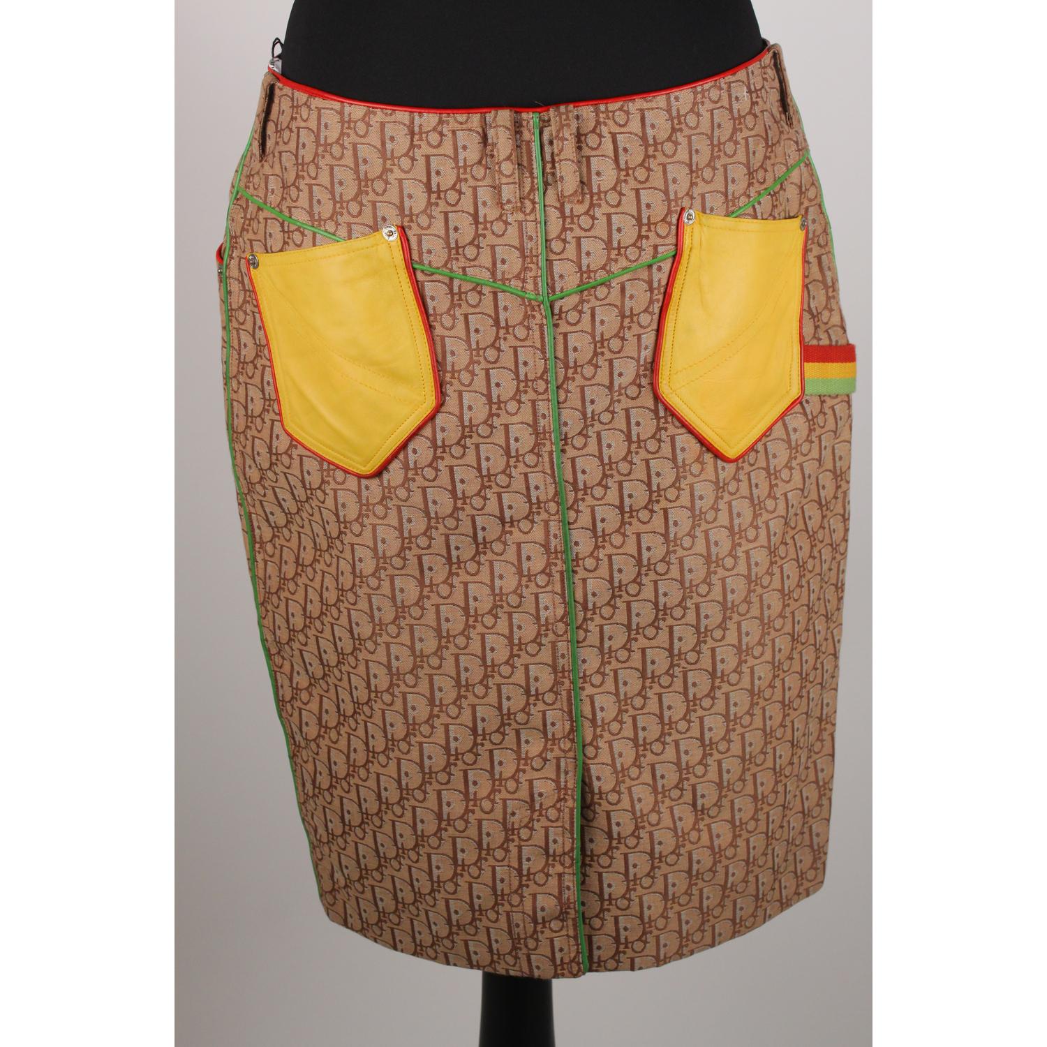 Christian Dior Beige Monogram Rasta Skirt with Leather Trim Size 42 In Good Condition In Rome, Rome