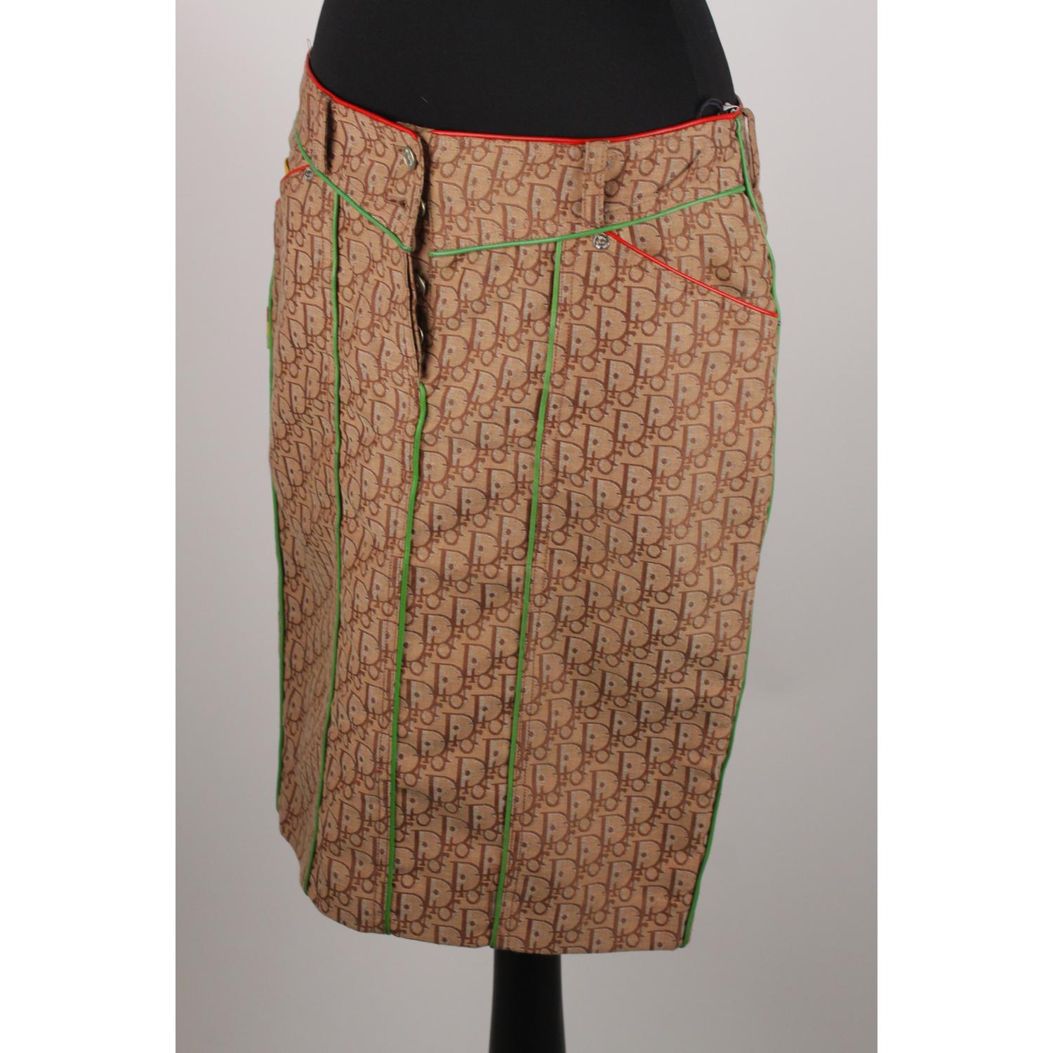 Women's Christian Dior Beige Monogram Rasta Skirt with Leather Trim Size 42