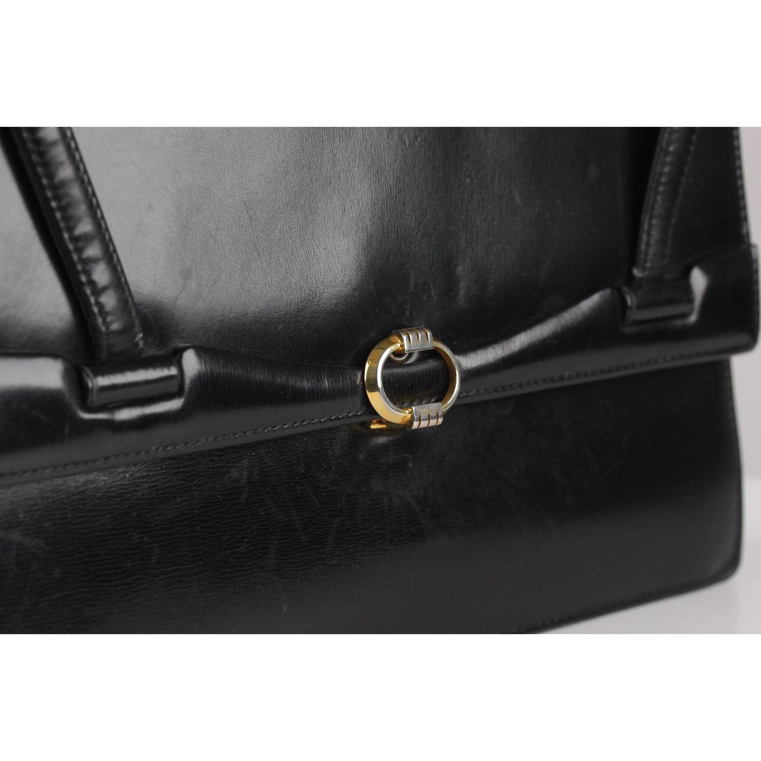 Women's Gucci Vintage Black Leather Handbag Top Handle Bag Purse